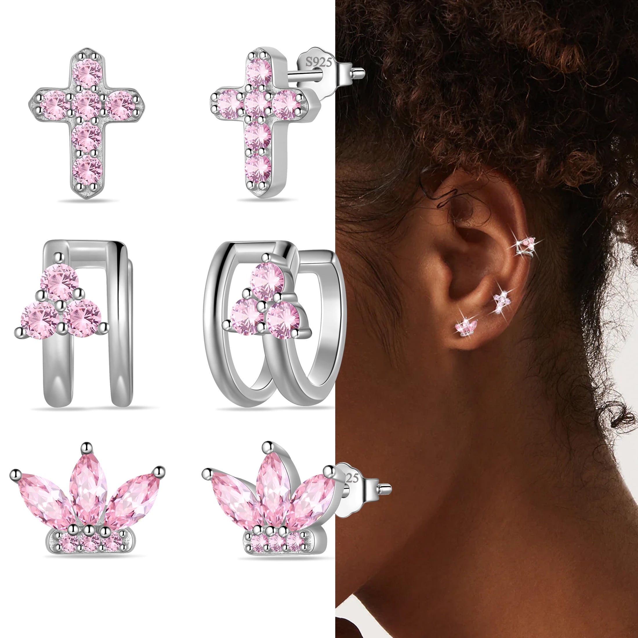 3 Pairs 925 Sterling Cross Earrings Set for Women, Flower Studs and Ear Cuffs Jewelry Set for Her