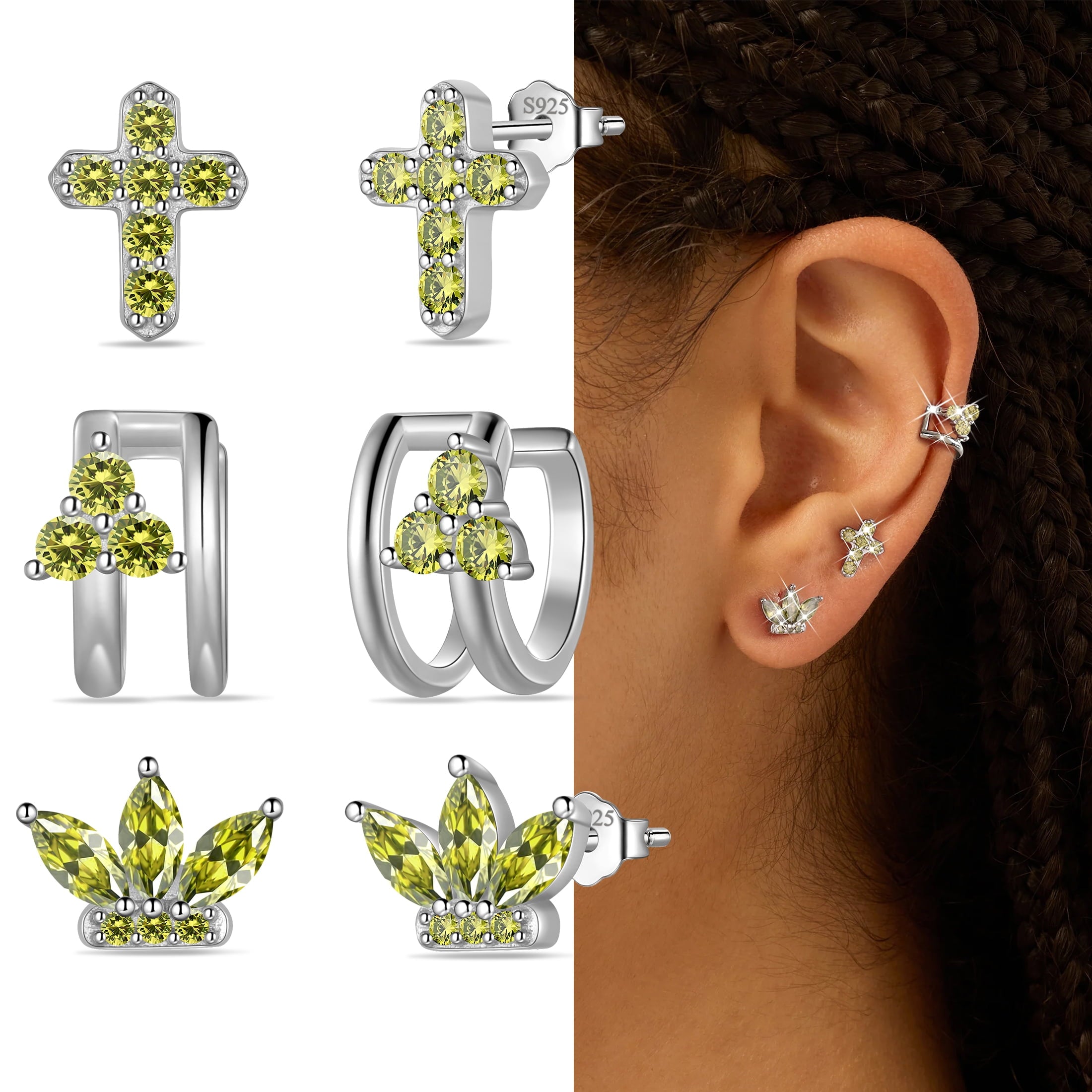 3 Pairs 925 Sterling Cross Earrings Set for Women, Flower Studs and Ear Cuffs Jewelry Set for Her