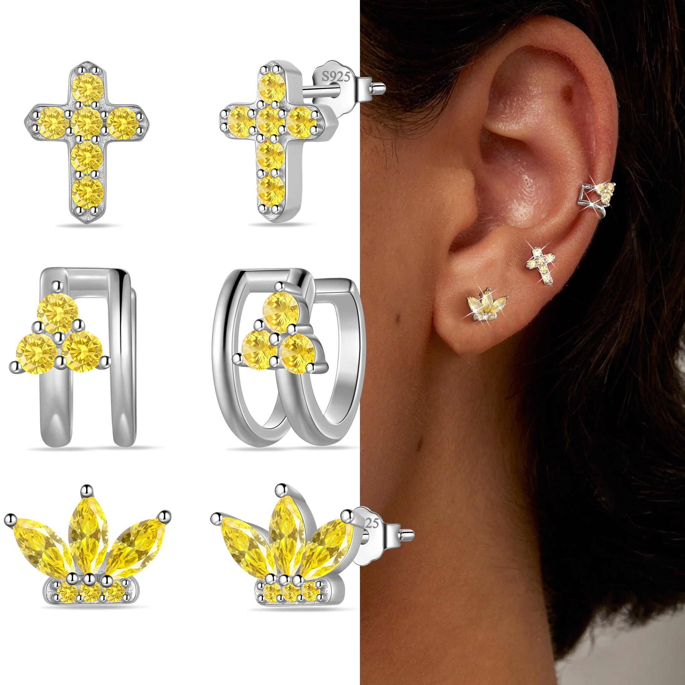 3 Pairs 925 Sterling Cross Earrings Set for Women, Flower Studs and Ear Cuffs Jewelry Set for Her