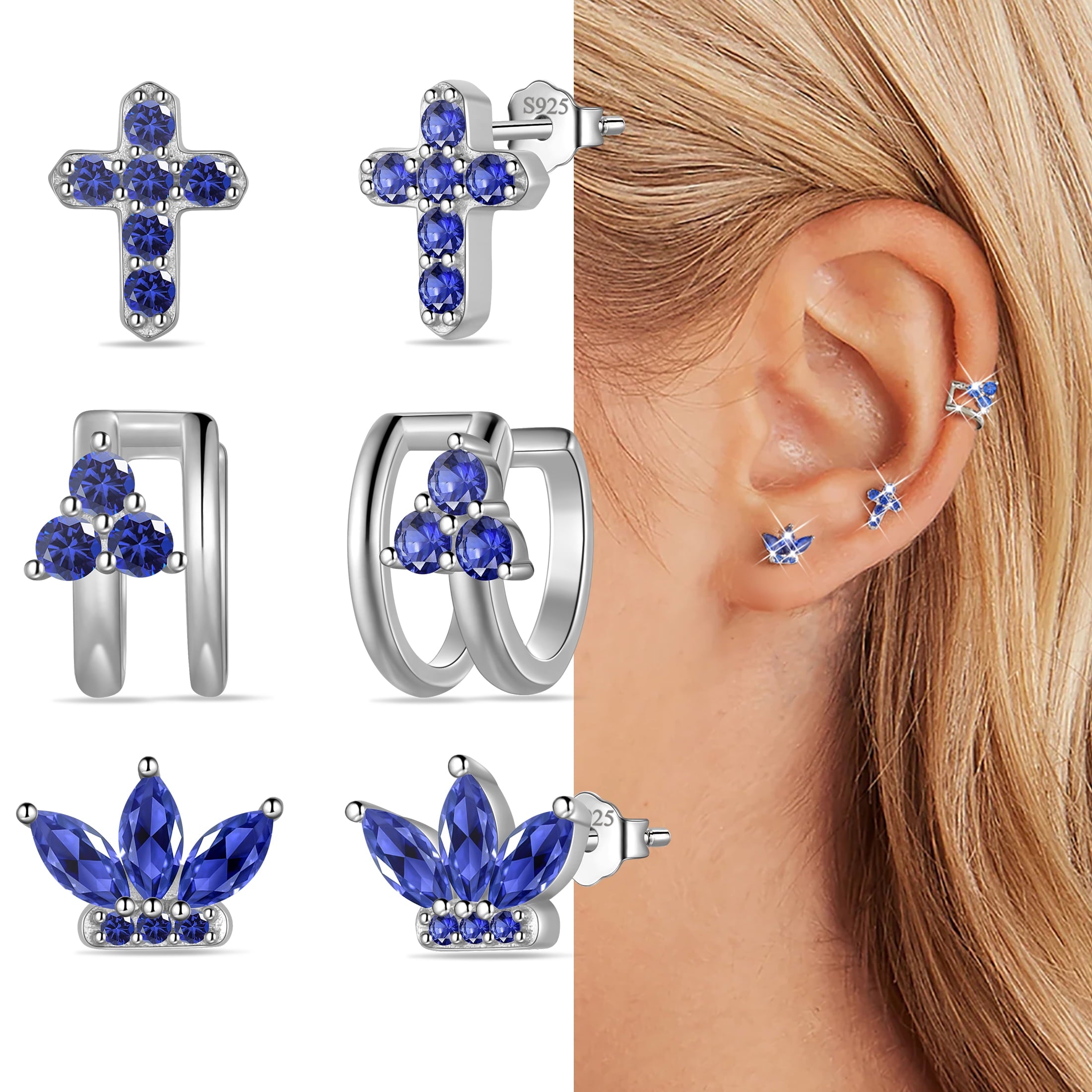 3 Pairs 925 Sterling Cross Earrings Set for Women, Flower Studs and Ear Cuffs Jewelry Set for Her