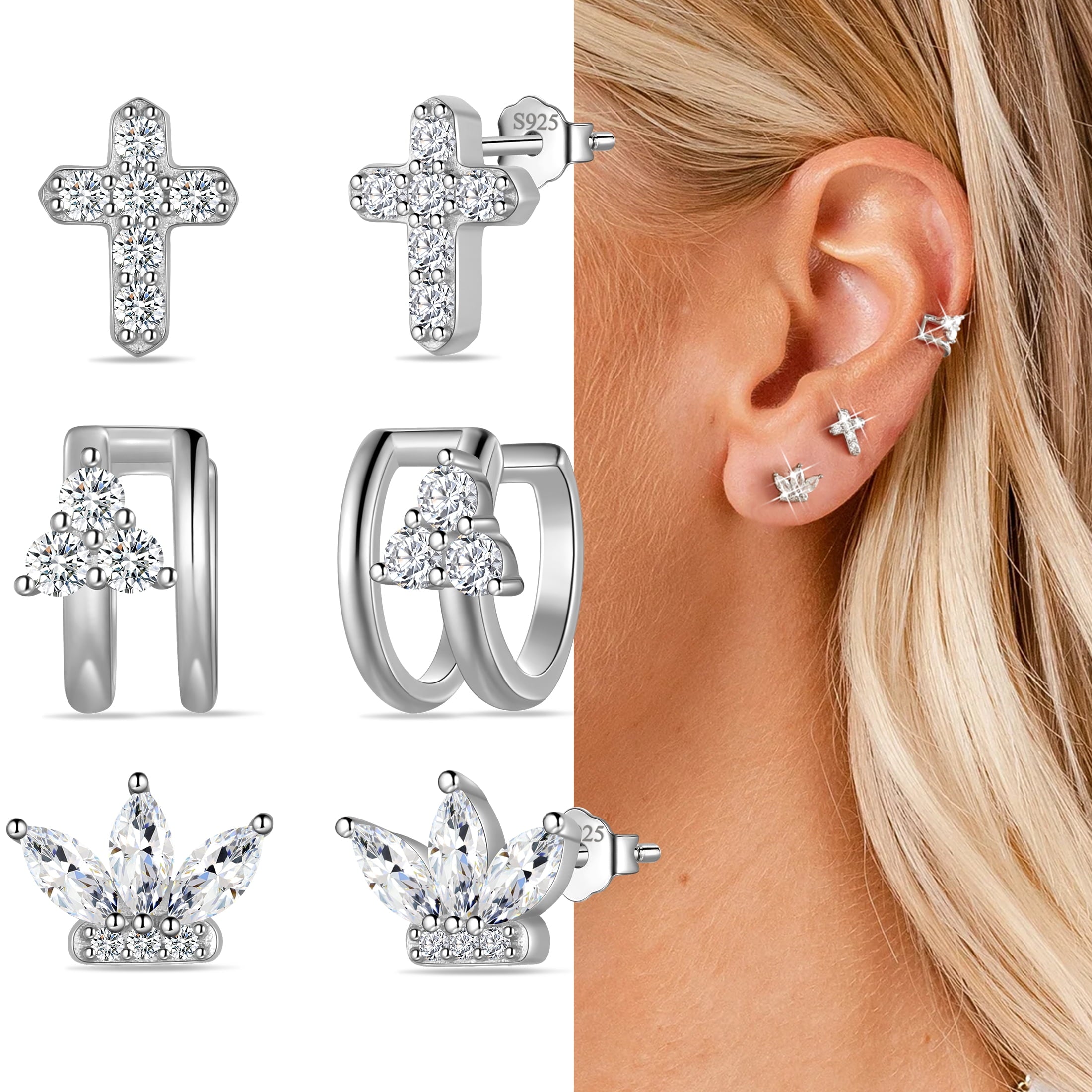 3 Pairs 925 Sterling Cross Earrings Set for Women, Flower Studs and Ear Cuffs Jewelry Set for Her