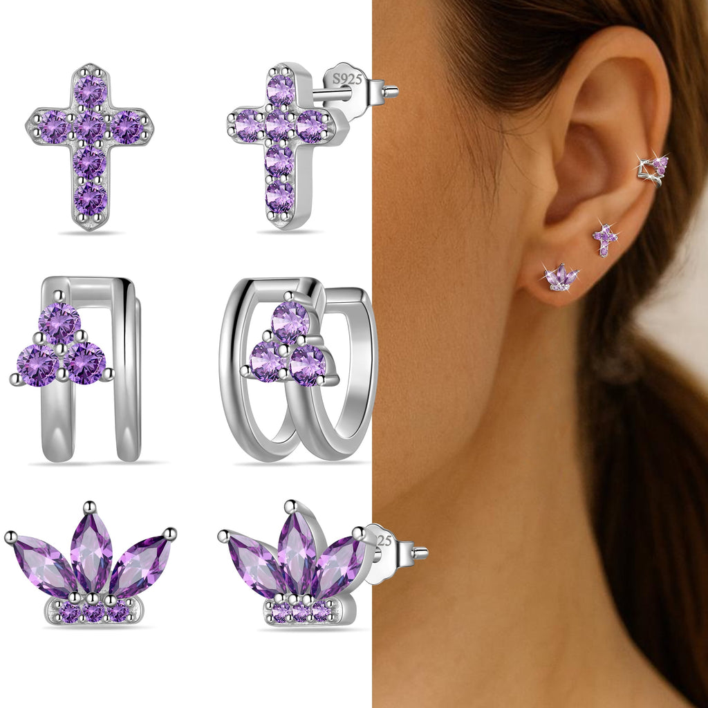 3 Pairs 925 Sterling Cross Earrings Set for Women, Flower Studs and Ear Cuffs Jewelry Set for Her