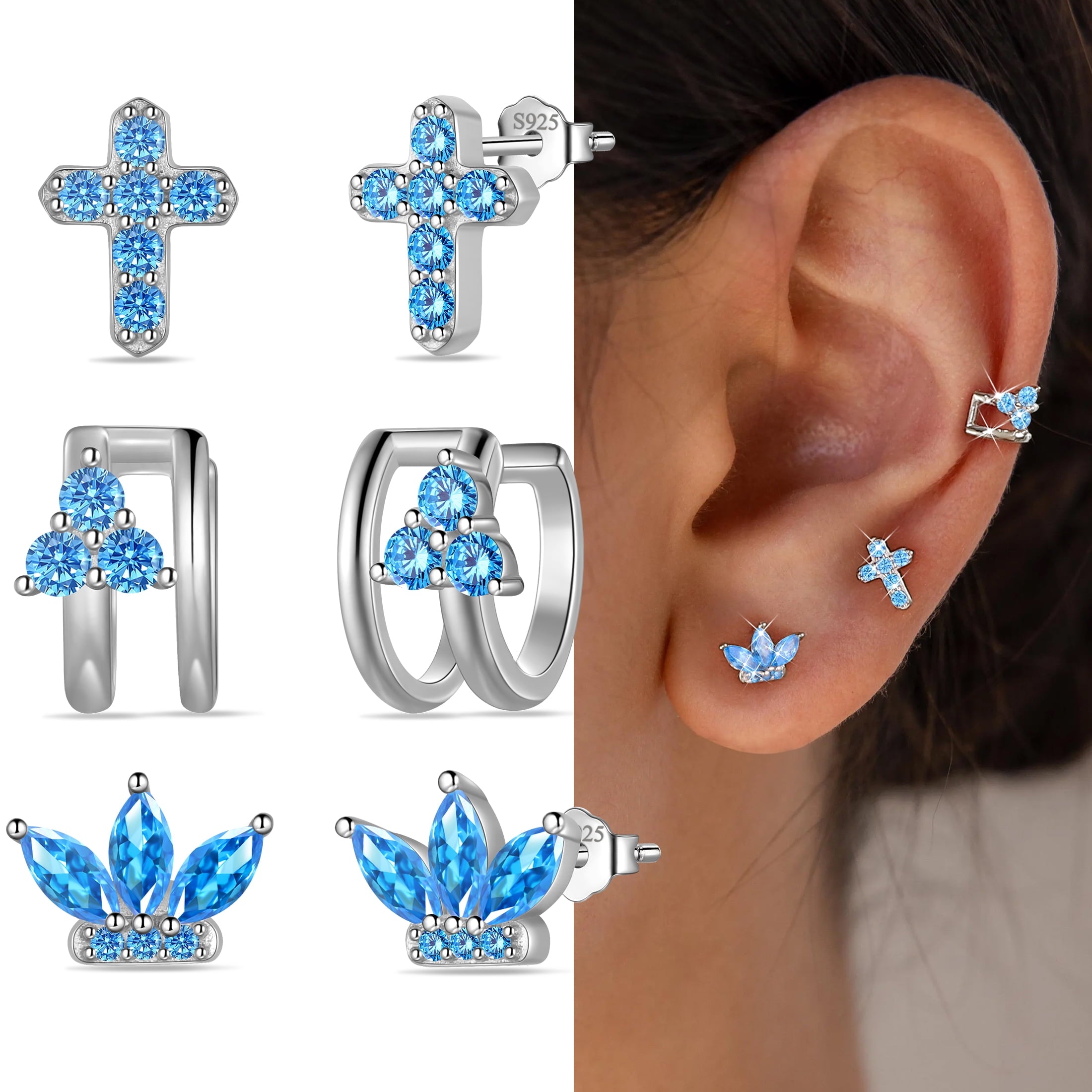 3 Pairs 925 Sterling Cross Earrings Set for Women, Flower Studs and Ear Cuffs Jewelry Set for Her