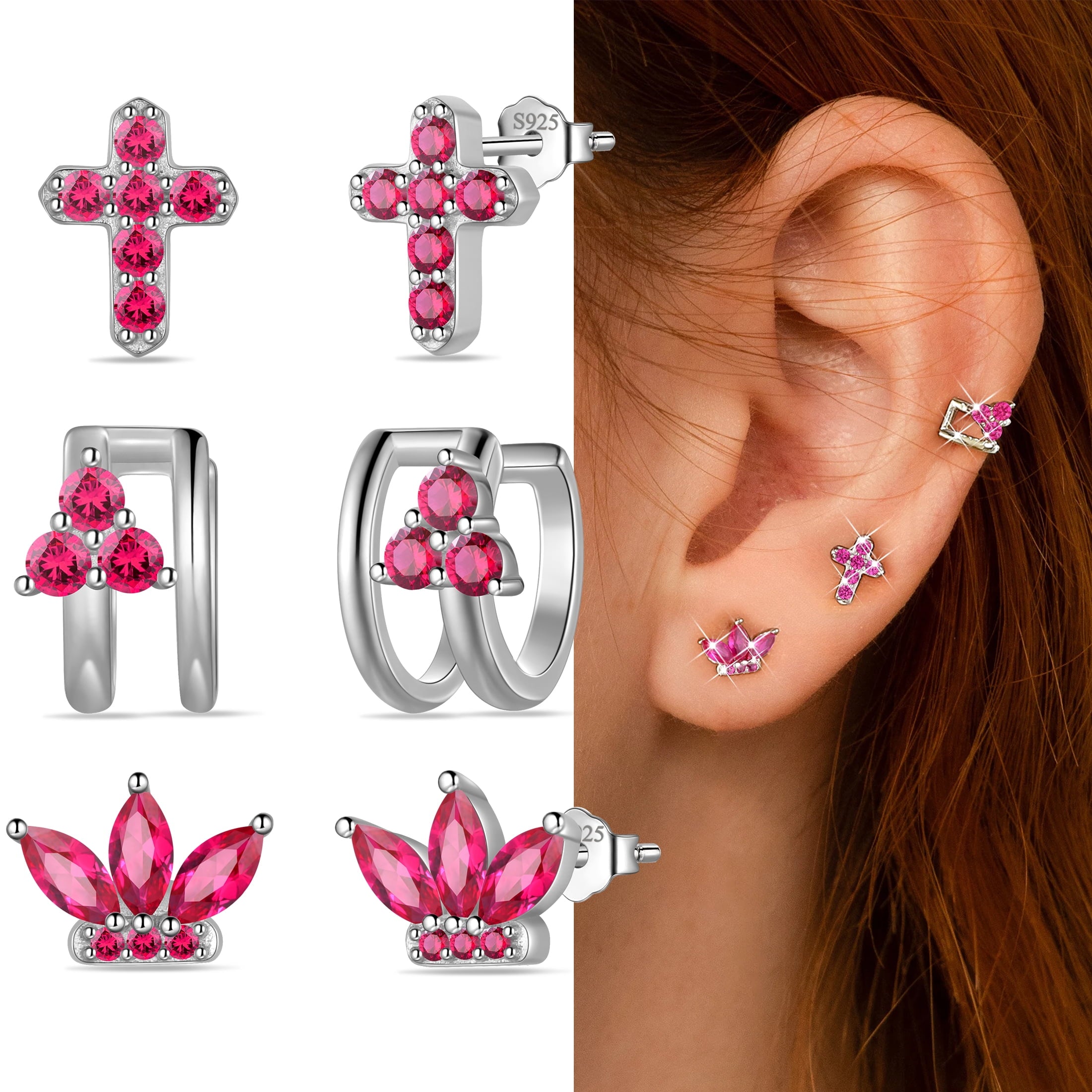 3 Pairs 925 Sterling Cross Earrings Set for Women, Flower Studs and Ear Cuffs Jewelry Set for Her