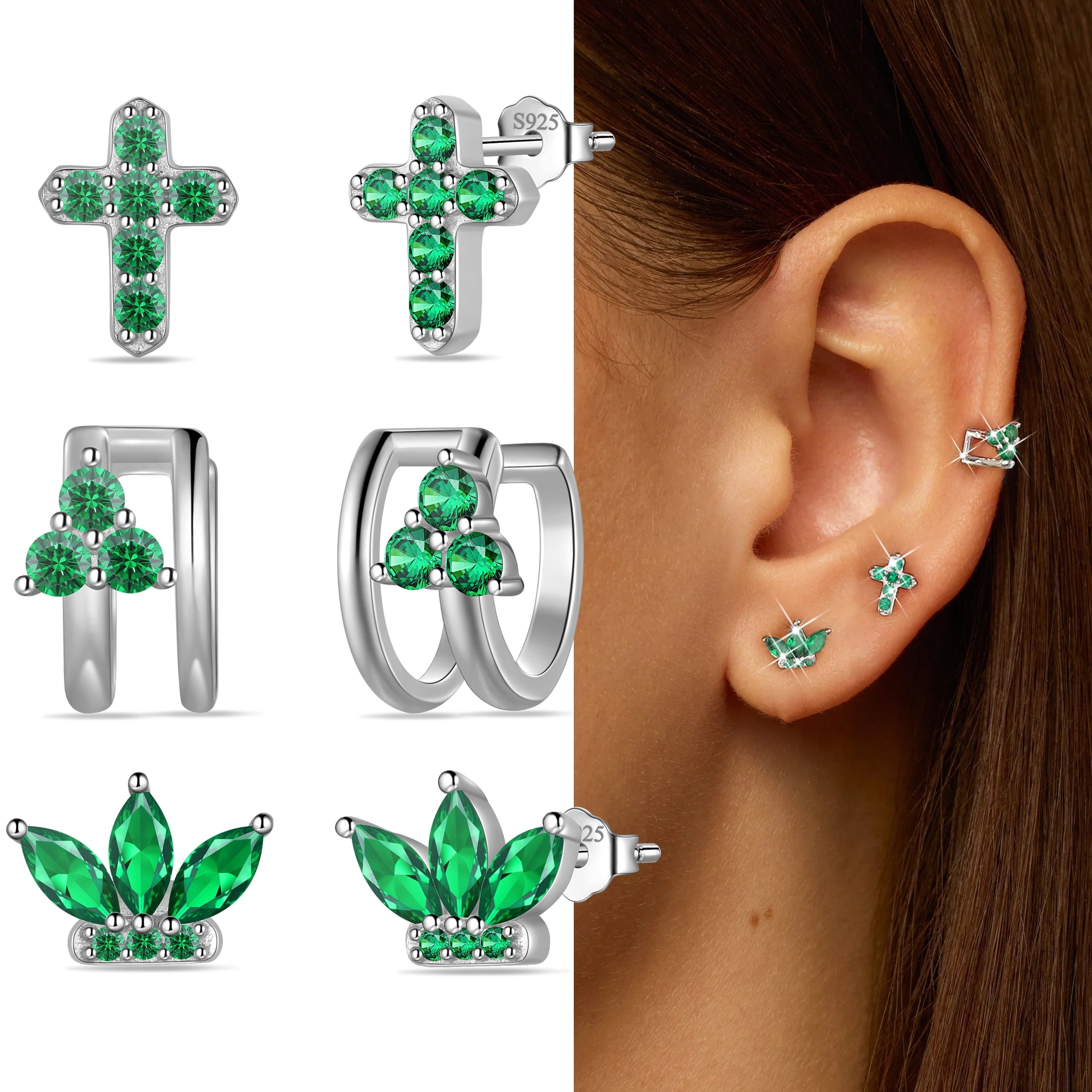 3 Pairs 925 Sterling Cross Earrings Set for Women, Flower Studs and Ear Cuffs Jewelry Set for Her