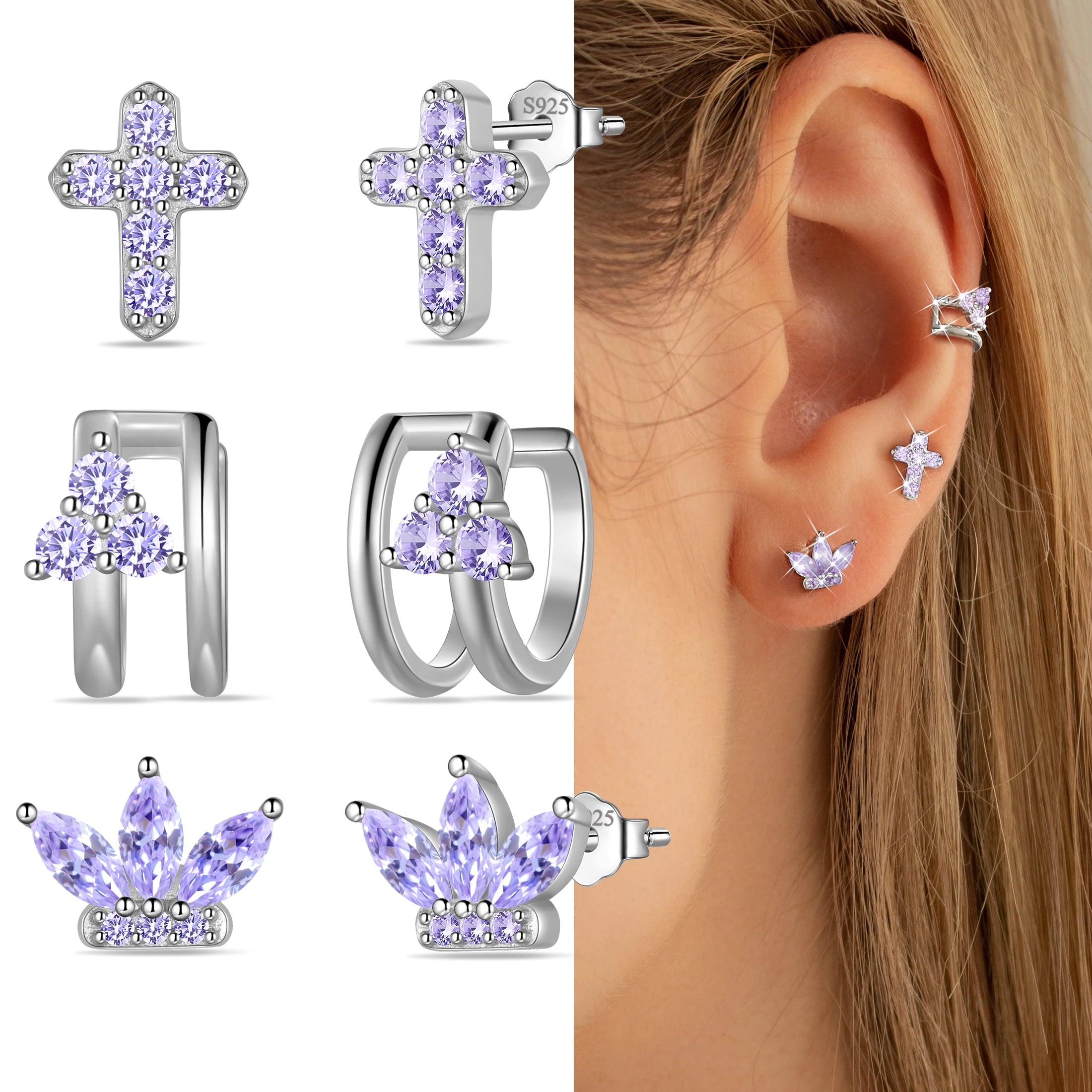3 Pairs 925 Sterling Cross Earrings Set for Women, Flower Studs and Ear Cuffs Jewelry Set for Her