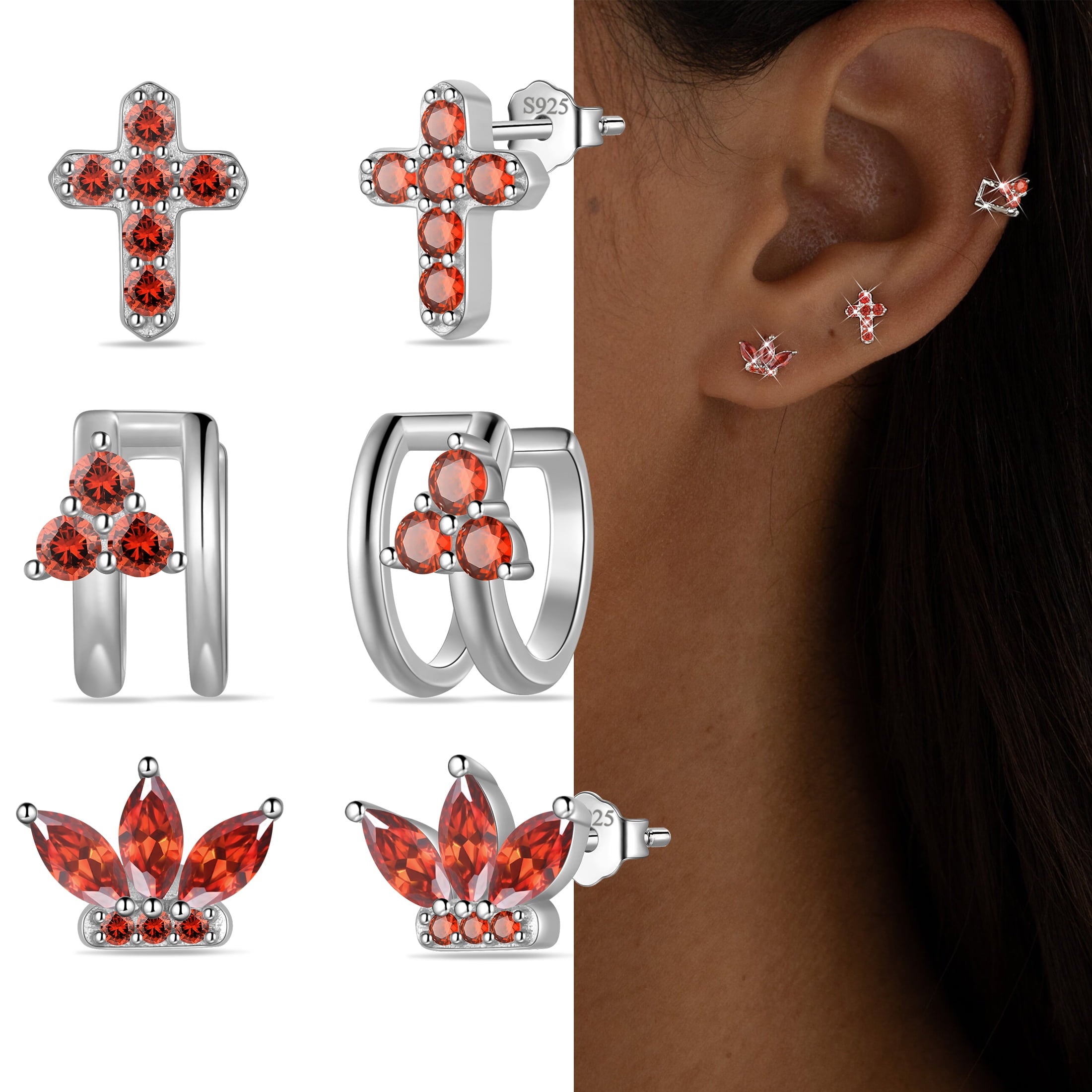 3 Pairs 925 Sterling Cross Earrings Set for Women, Flower Studs and Ear Cuffs Jewelry Set for Her
