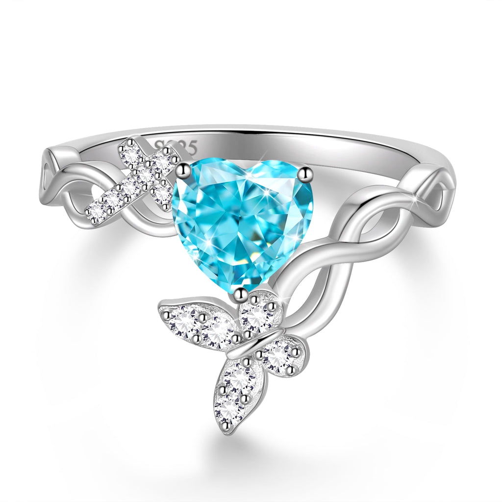Heart Halo Ring,Butterfly 925 Sterling Adjustable Open Band Rings Valentines Jewelry Gifts for Women Mom-March