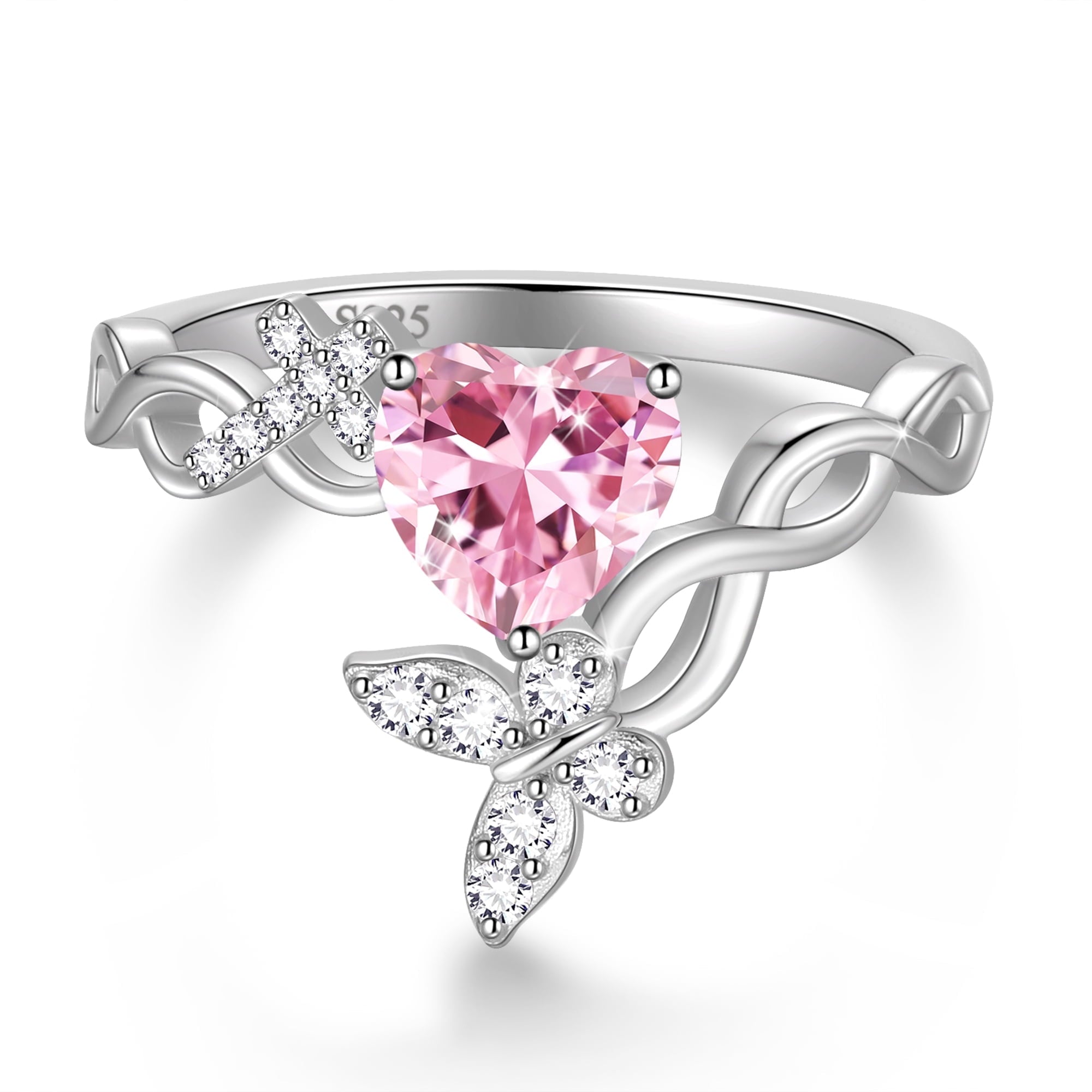 Heart Halo Ring,Butterfly 925 Sterling Adjustable Open Band Rings Valentines Jewelry Gifts for Women Mom-March