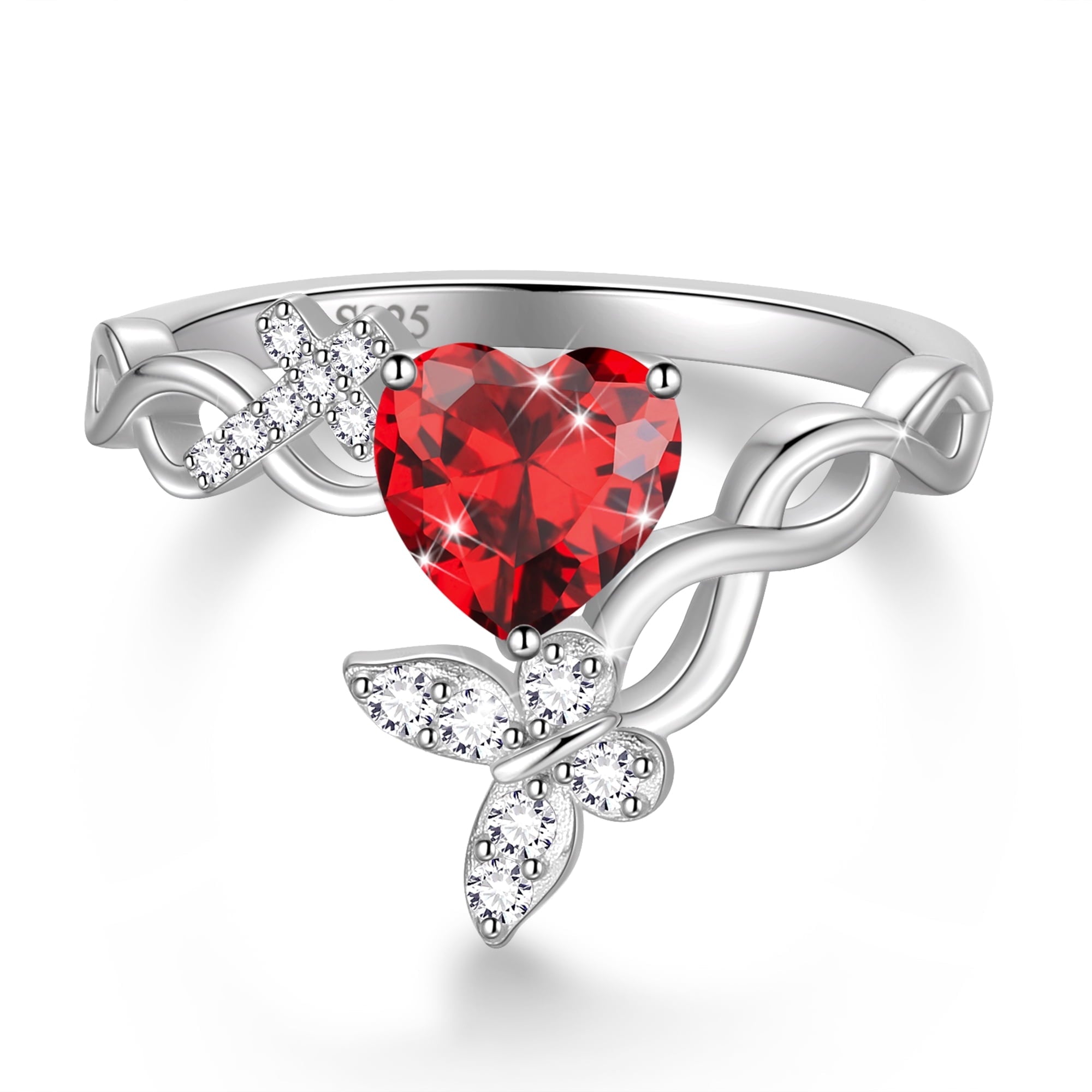 Heart Halo Ring,Butterfly 925 Sterling Adjustable Open Band Rings Valentines Jewelry Gifts for Women Mom-March
