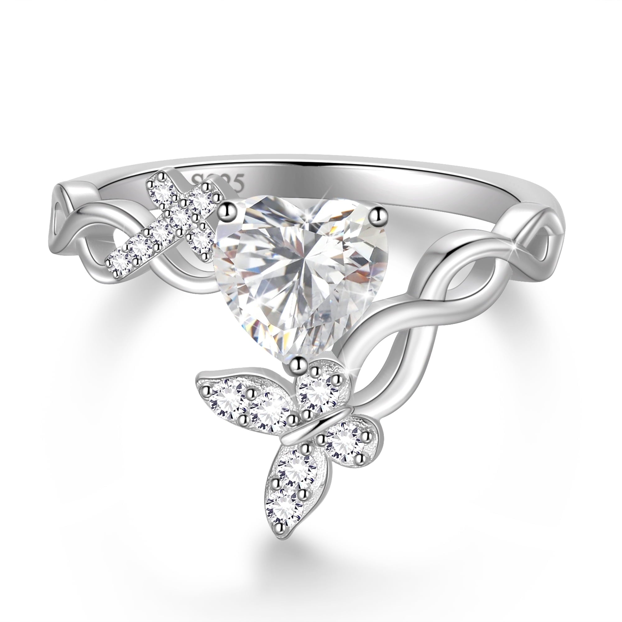 Heart Halo Ring,Butterfly 925 Sterling Adjustable Open Band Rings Valentines Jewelry Gifts for Women Mom-March