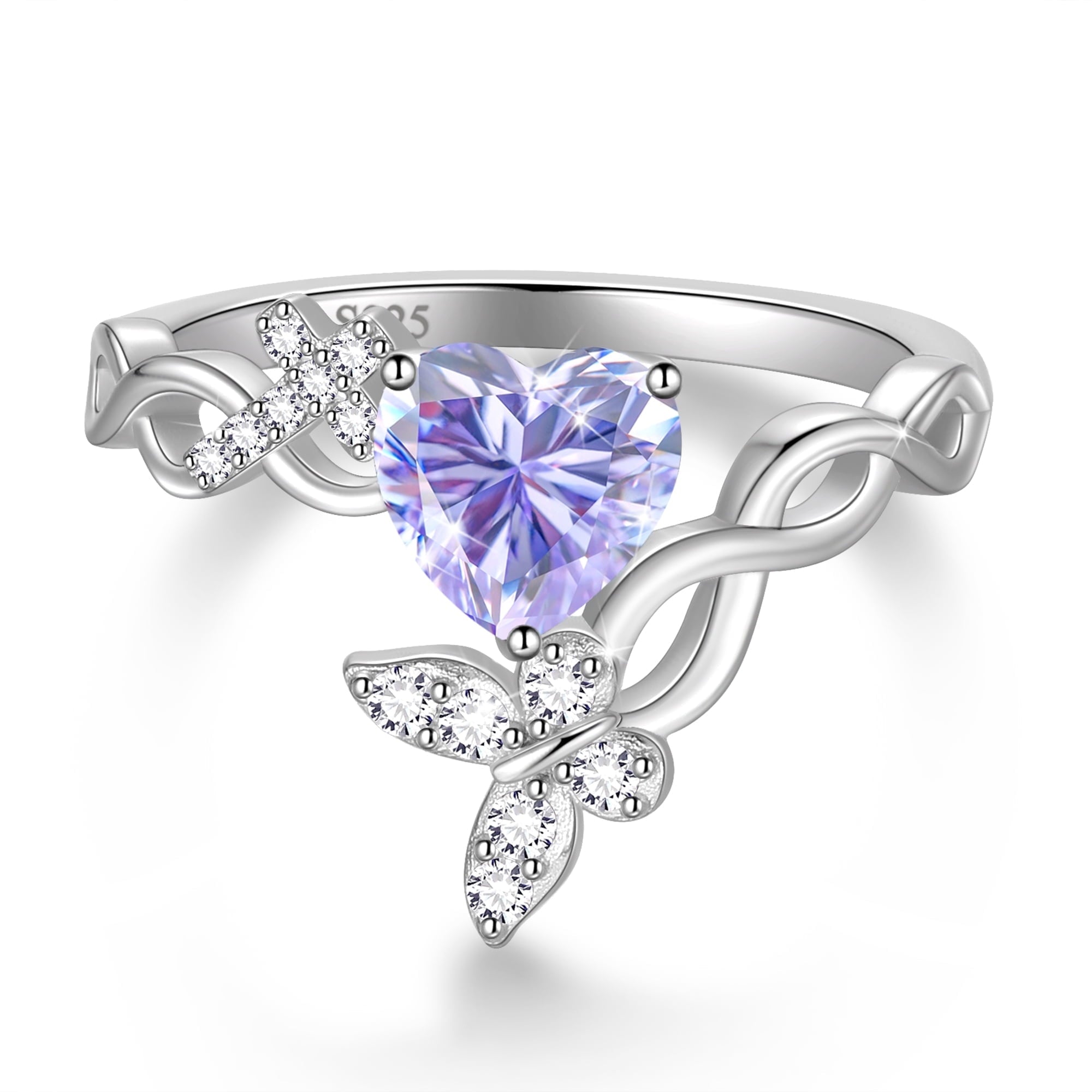 Heart Halo Ring,Butterfly 925 Sterling Adjustable Open Band Rings Valentines Jewelry Gifts for Women Mom-March