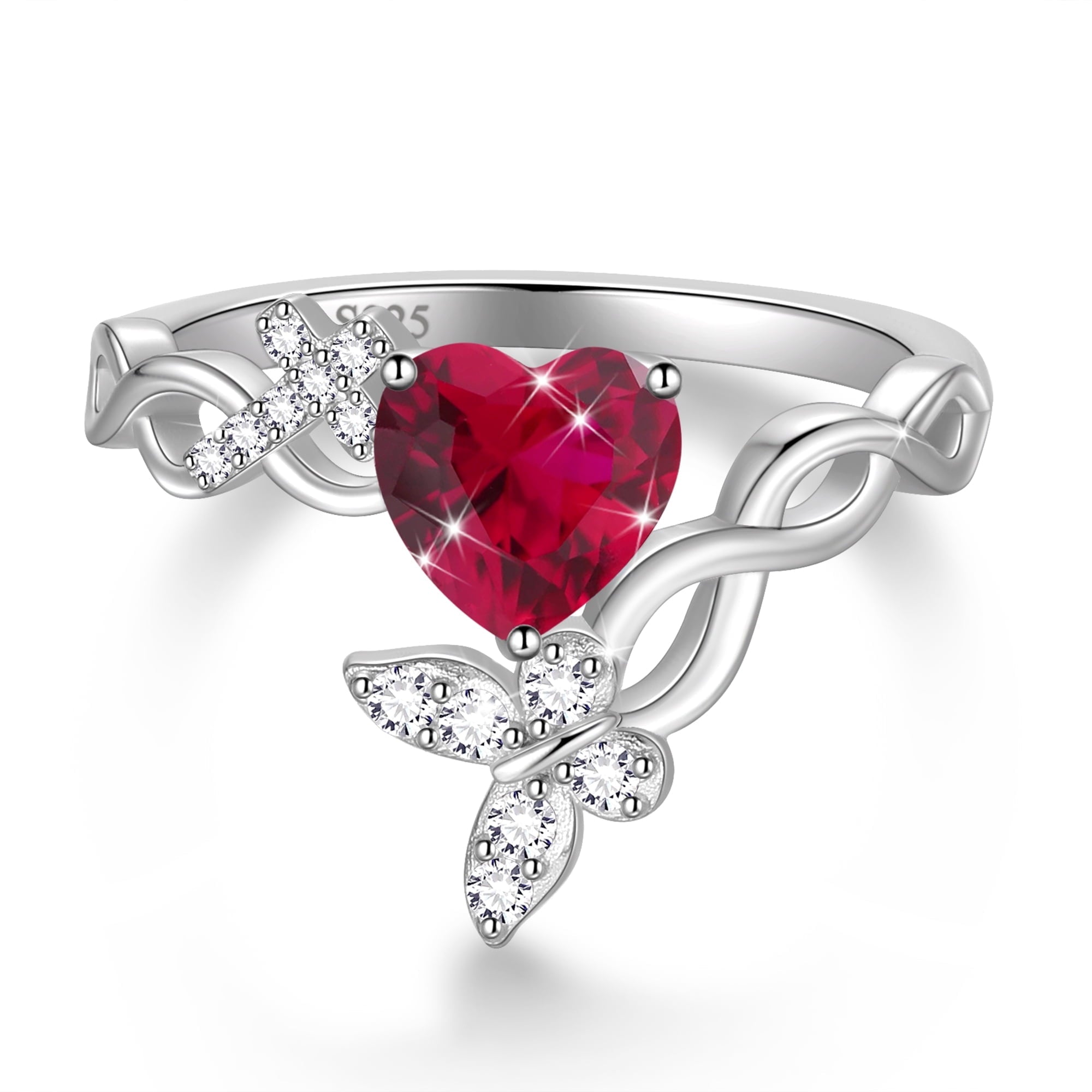 Heart Halo Ring,Butterfly 925 Sterling Adjustable Open Band Rings Valentines Jewelry Gifts for Women Mom-March