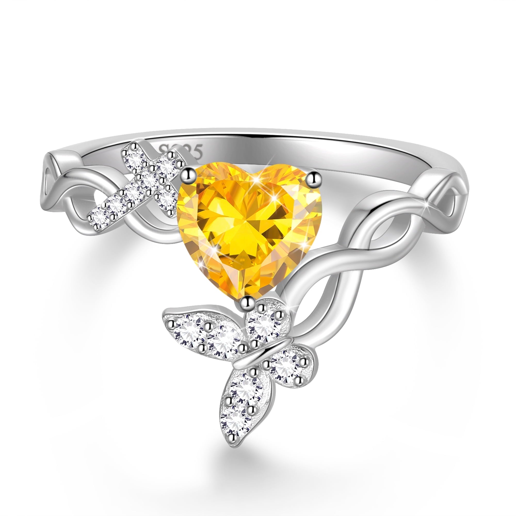 Heart Halo Ring,Butterfly 925 Sterling Adjustable Open Band Rings Valentines Jewelry Gifts for Women Mom-March
