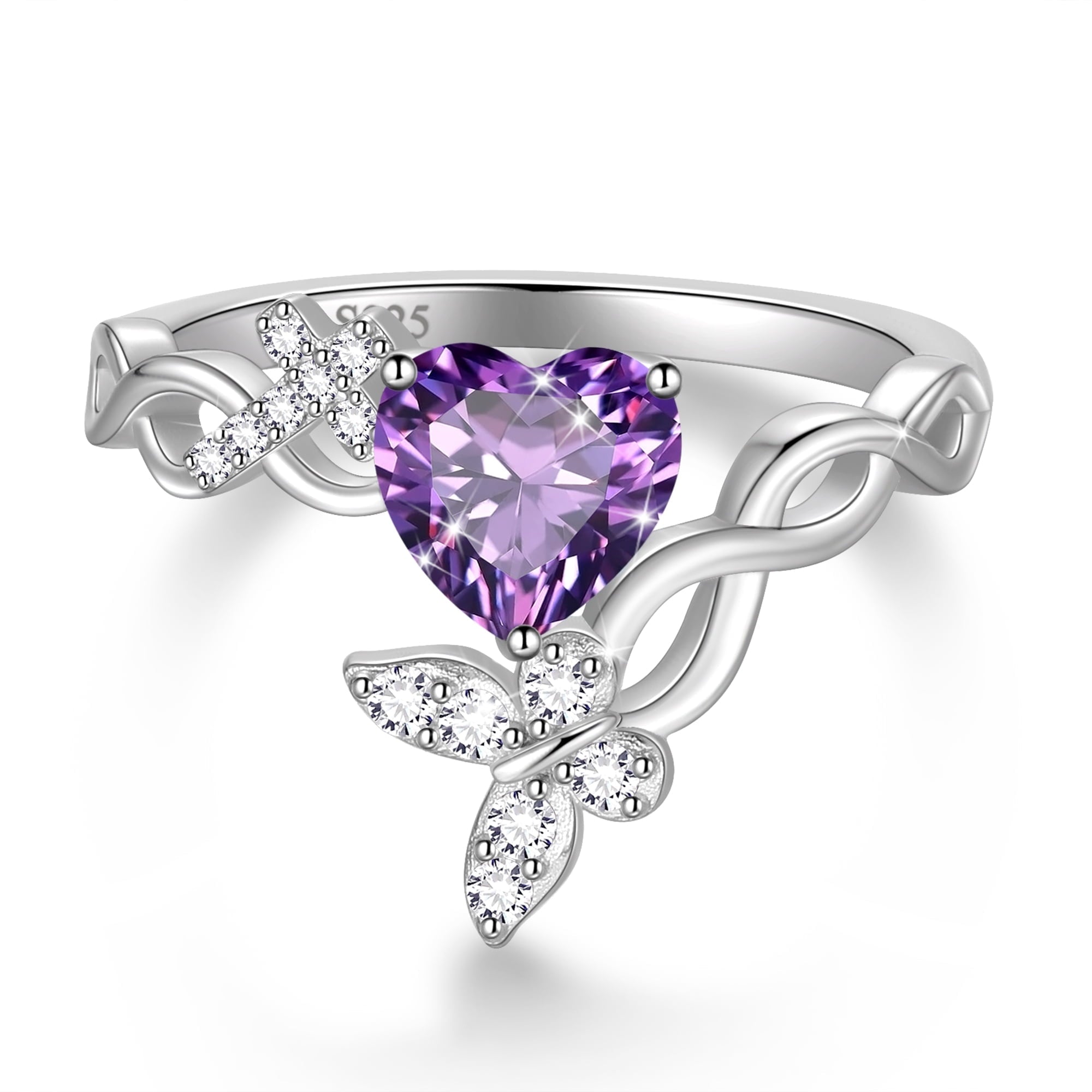 Heart Halo Ring,Butterfly 925 Sterling Adjustable Open Band Rings Valentines Jewelry Gifts for Women Mom-March