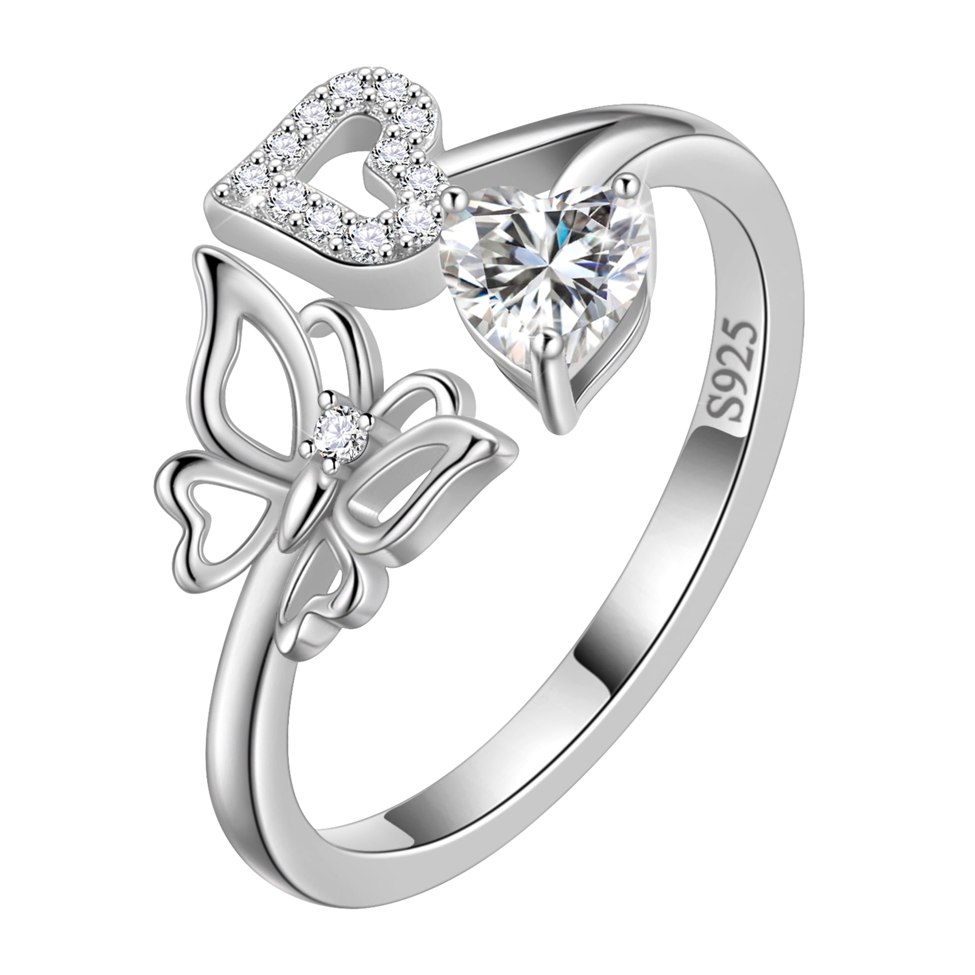 Rose Heart Ring,925 Sterling Adjustable Open Heart Rings Jewelry Gifts for Women Mom -December