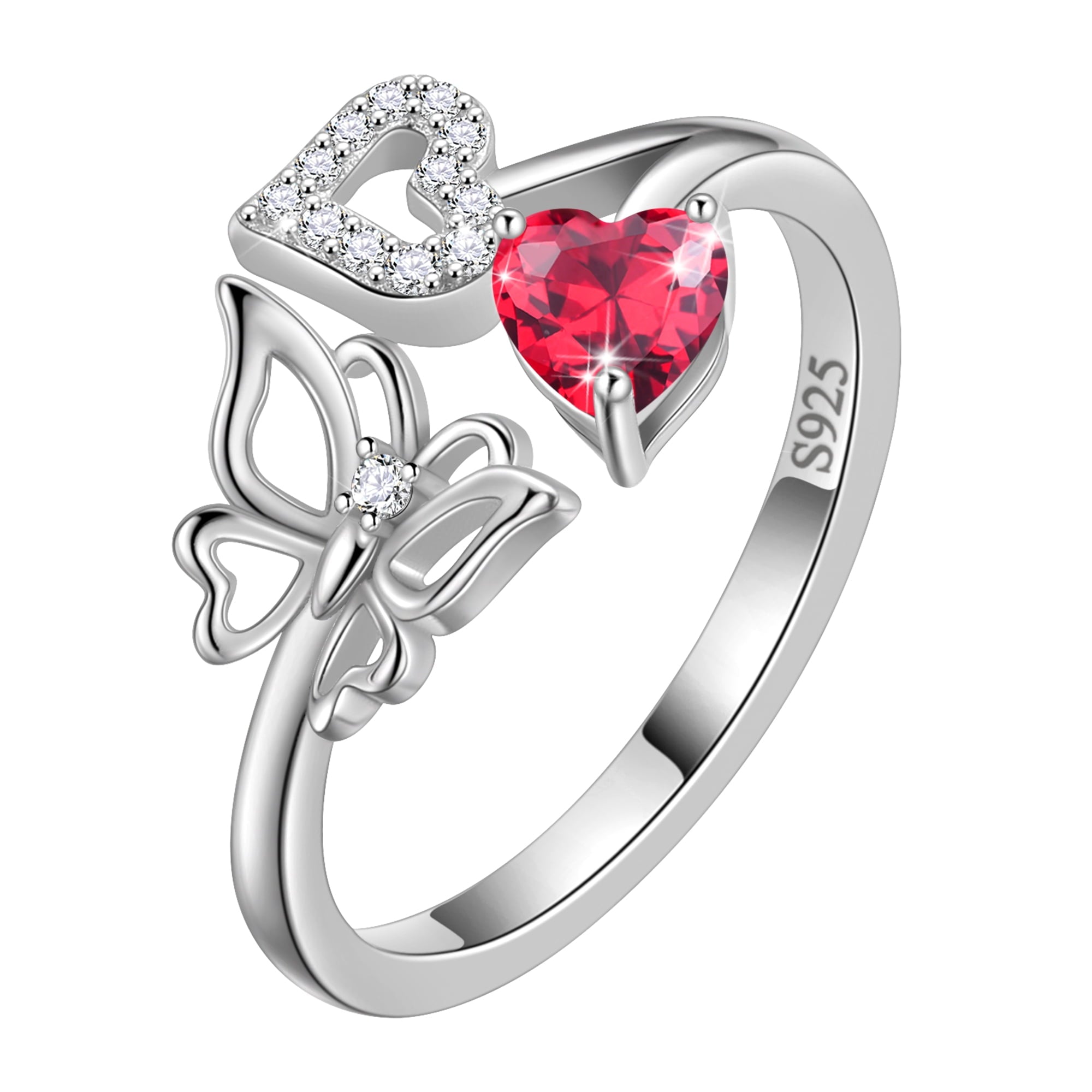 Rose Heart Ring,925 Sterling Adjustable Open Heart Rings Jewelry Gifts for Women Mom -December