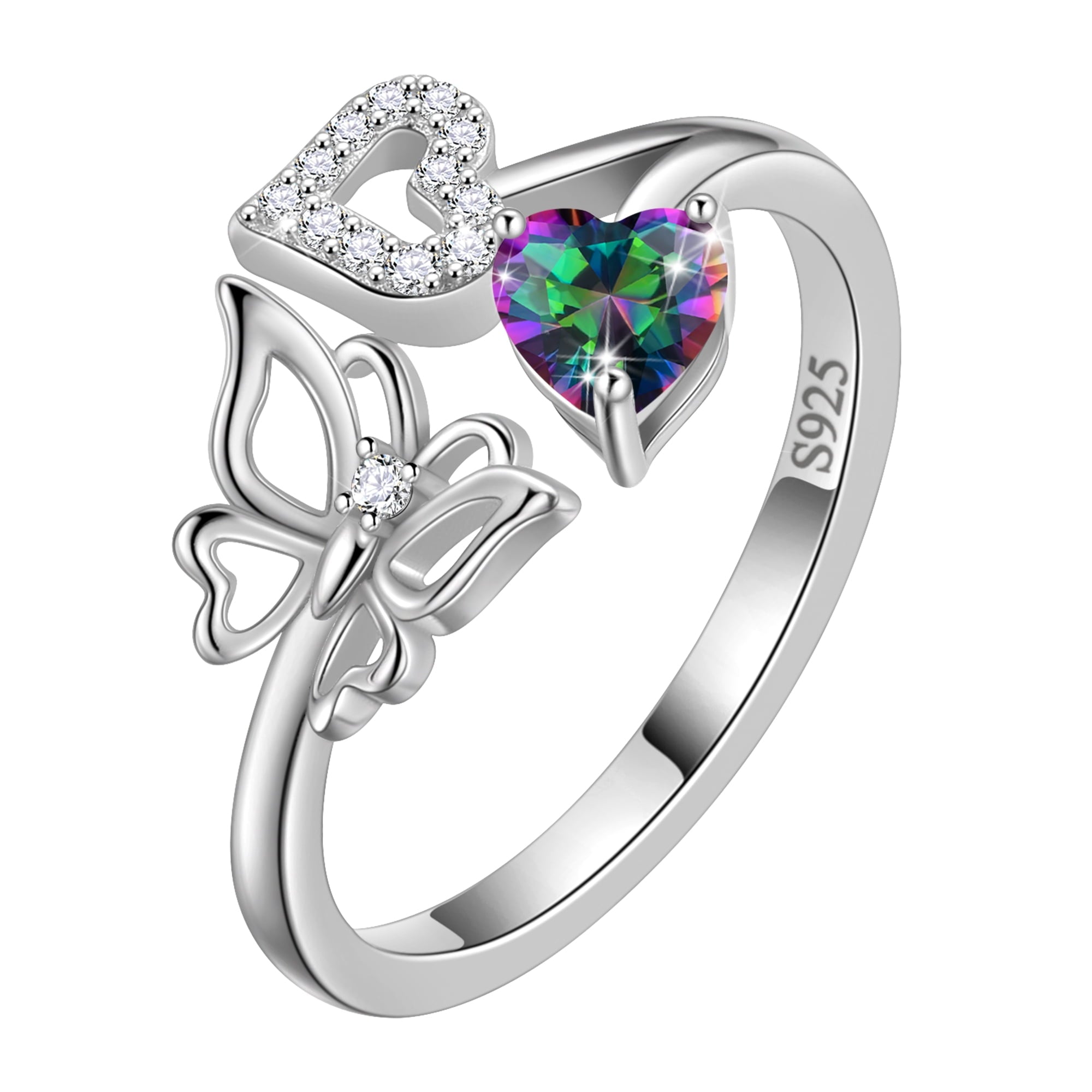 Rose Heart Ring,925 Sterling Adjustable Open Heart Rings Jewelry Gifts for Women Mom -December