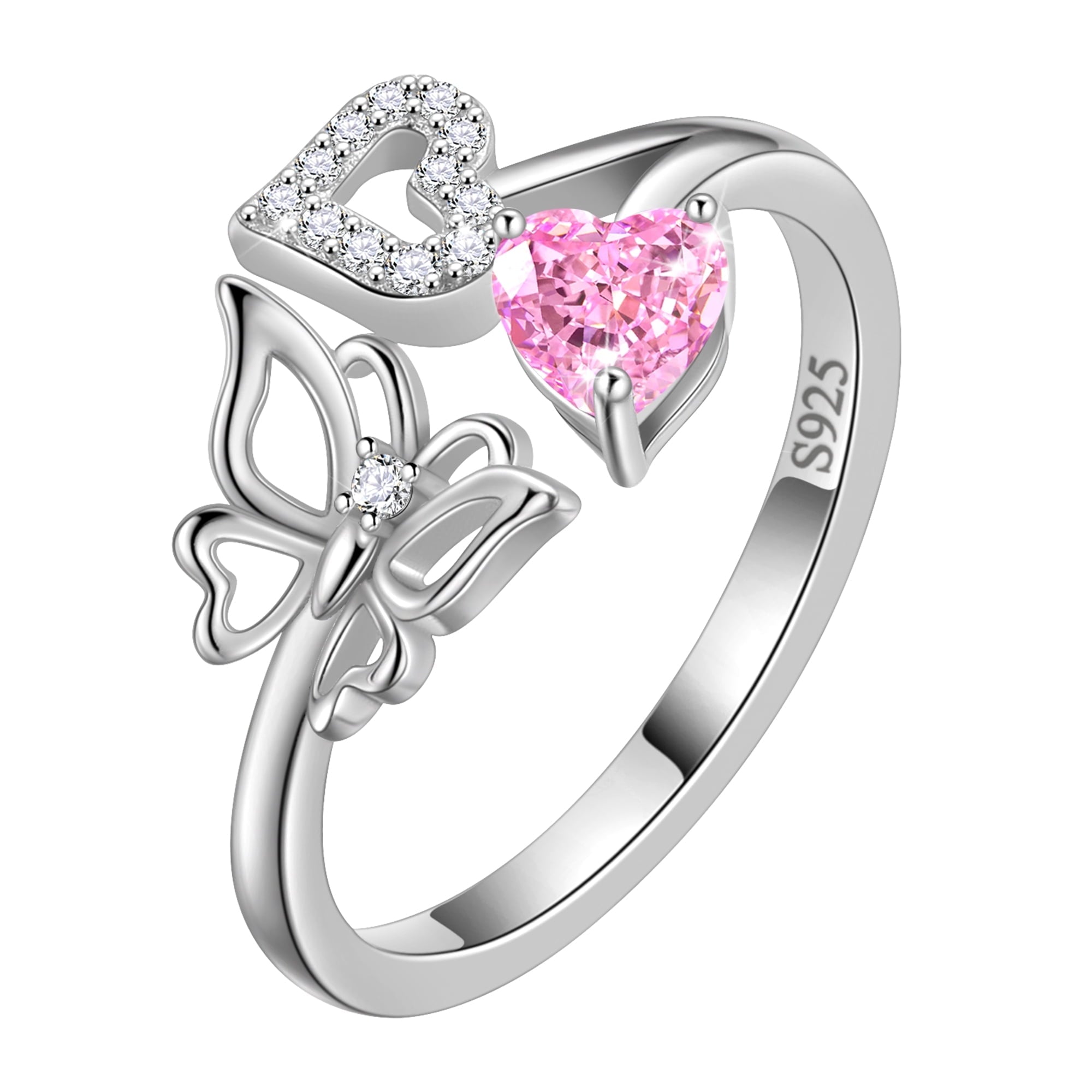 Rose Heart Ring,925 Sterling Adjustable Open Heart Rings Jewelry Gifts for Women Mom -December
