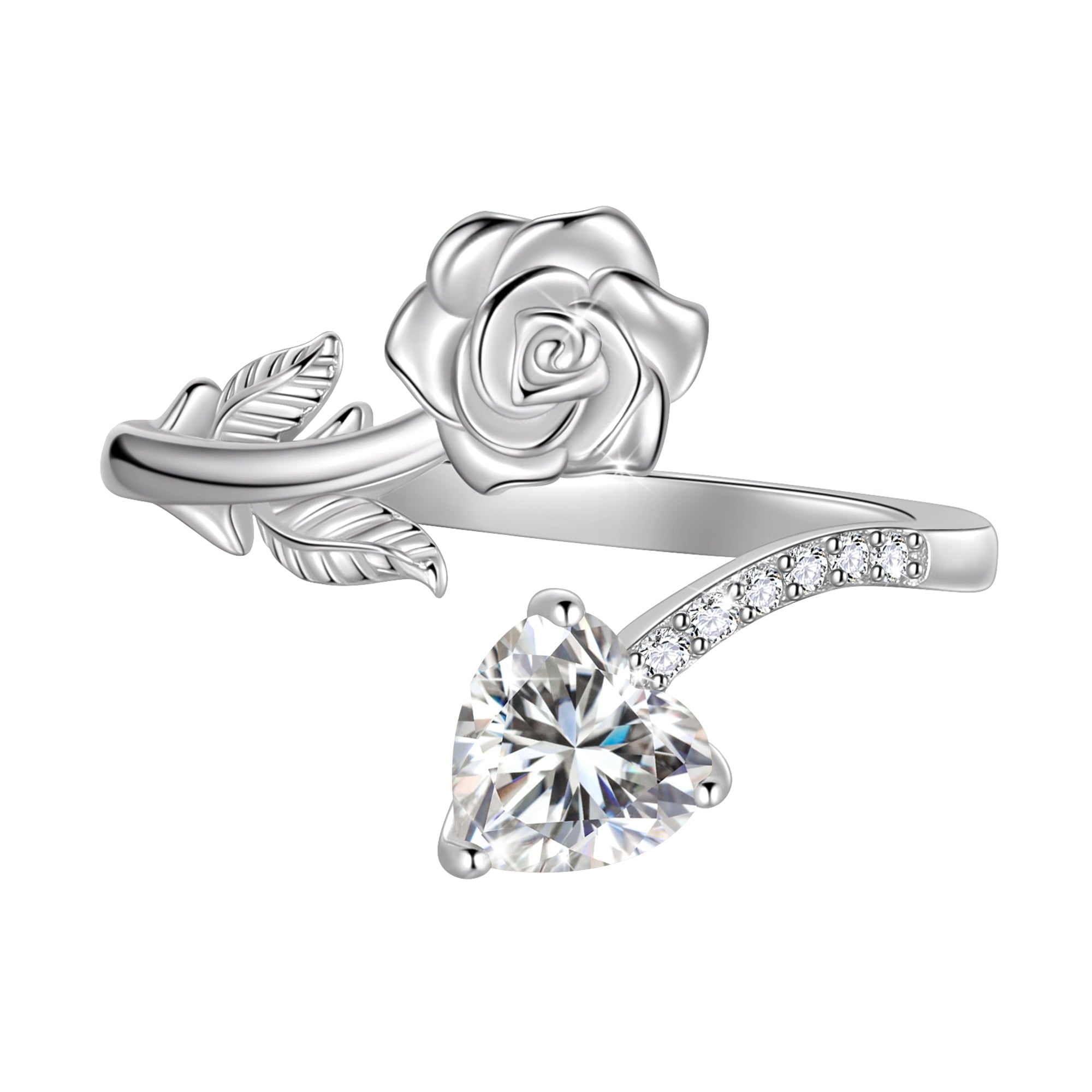 Rose Heart Ring,925 Sterling Adjustable Open Heart Rings Jewelry Gifts for Women Mom -December