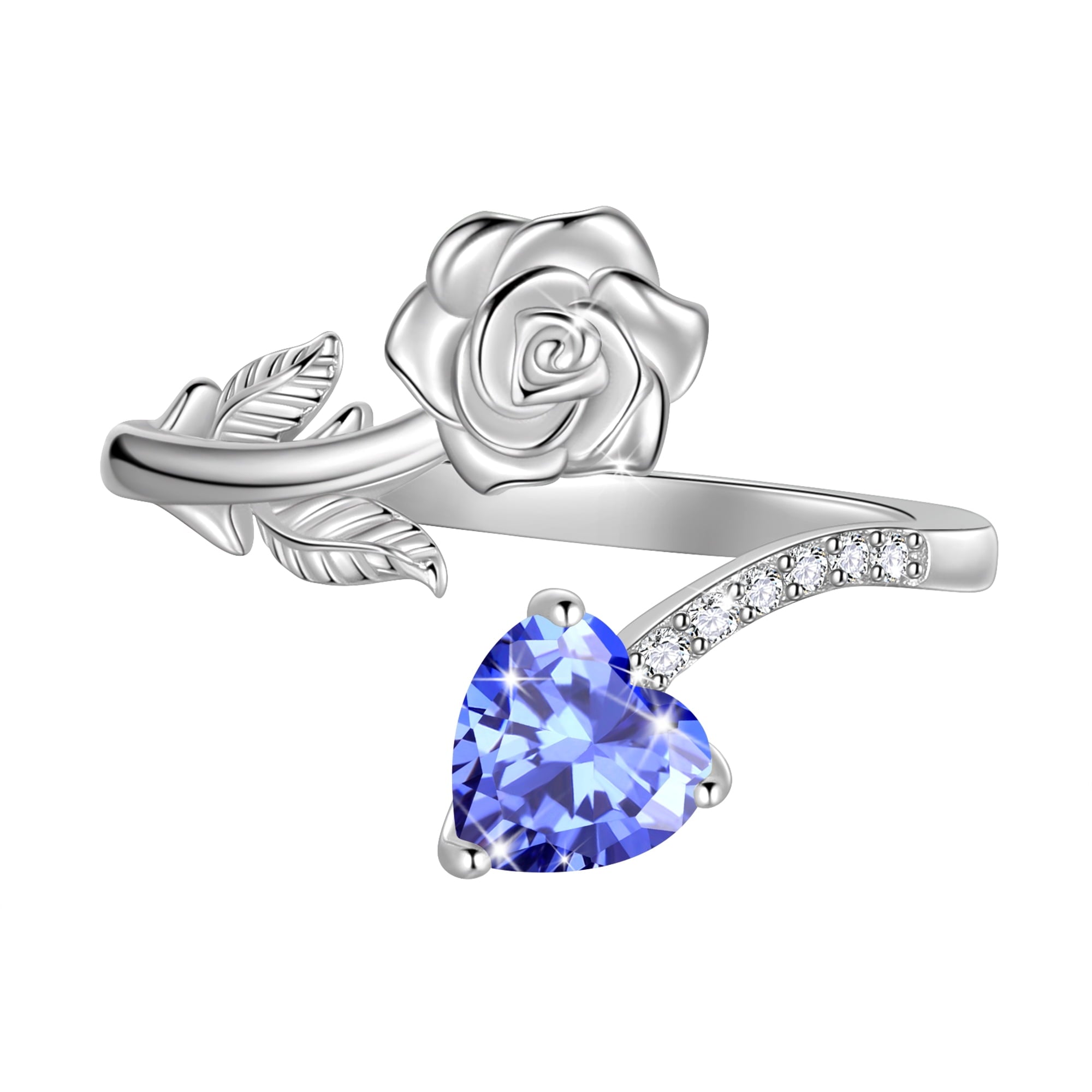 Rose Heart Ring,925 Sterling Adjustable Open Heart Rings Jewelry Gifts for Women Mom -December