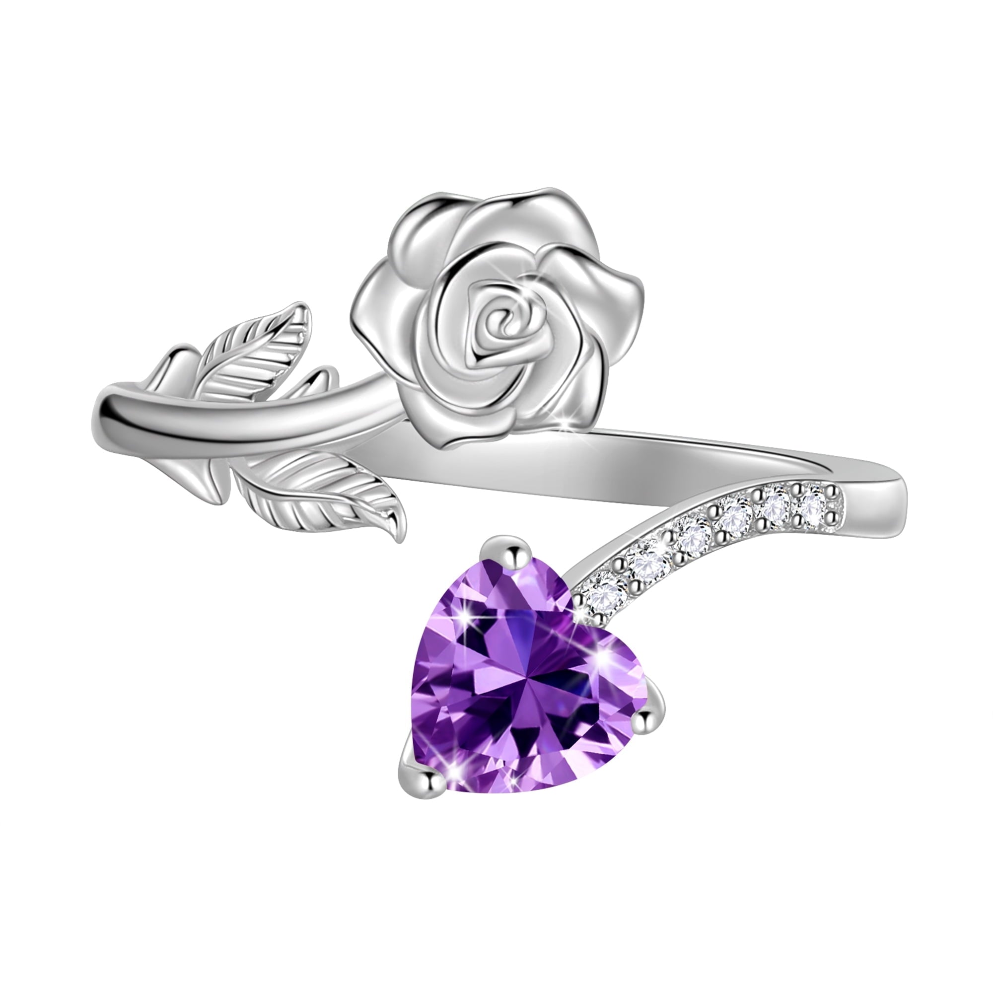 Rose Heart Ring,925 Sterling Adjustable Open Heart Rings Jewelry Gifts for Women Mom -December
