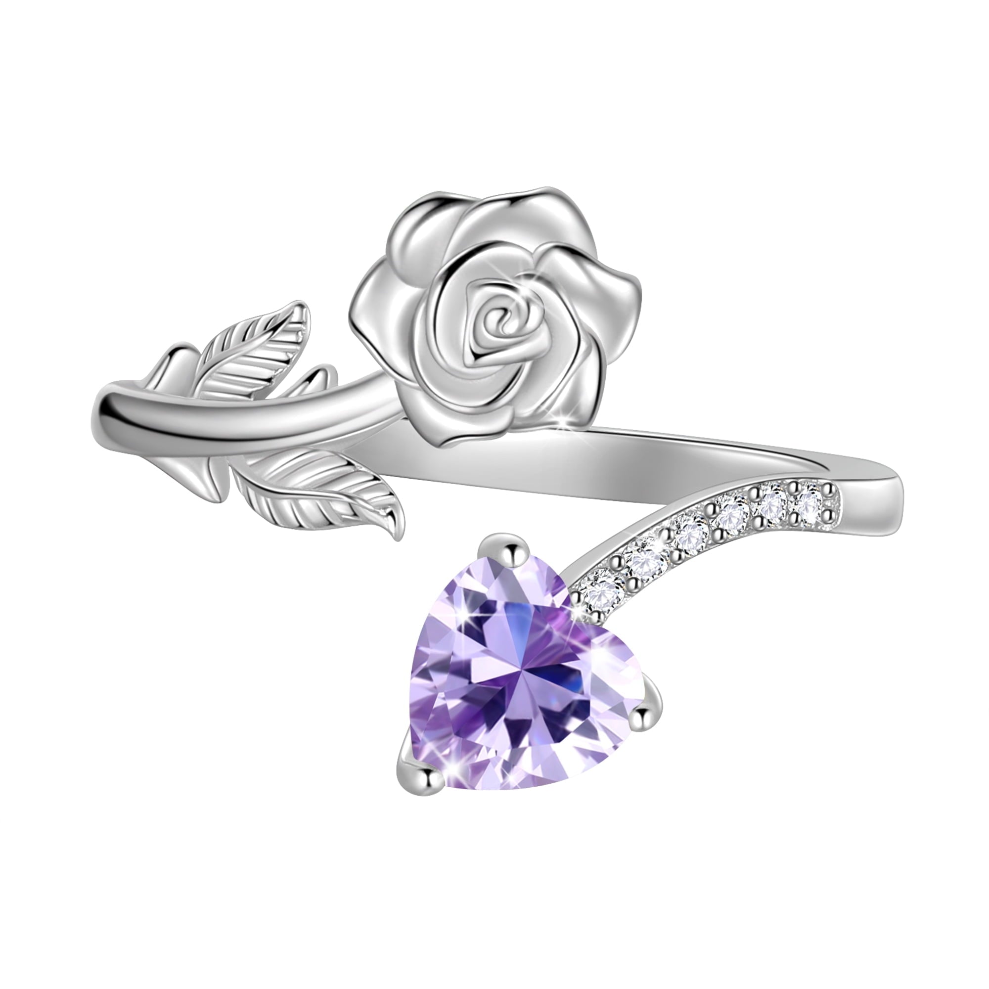 Rose Heart Ring,925 Sterling Adjustable Open Heart Rings Jewelry Gifts for Women Mom -December