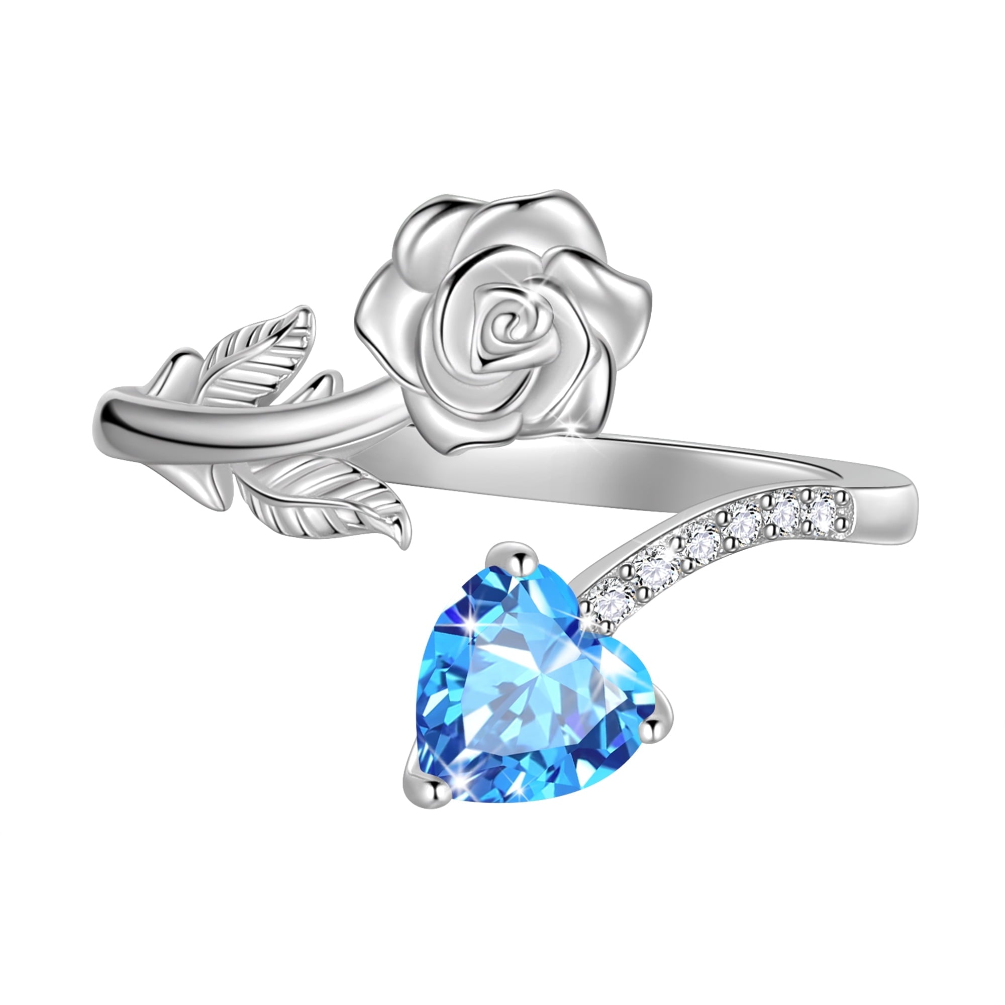 Rose Heart Ring,925 Sterling Adjustable Open Heart Rings Jewelry Gifts for Women Mom -December