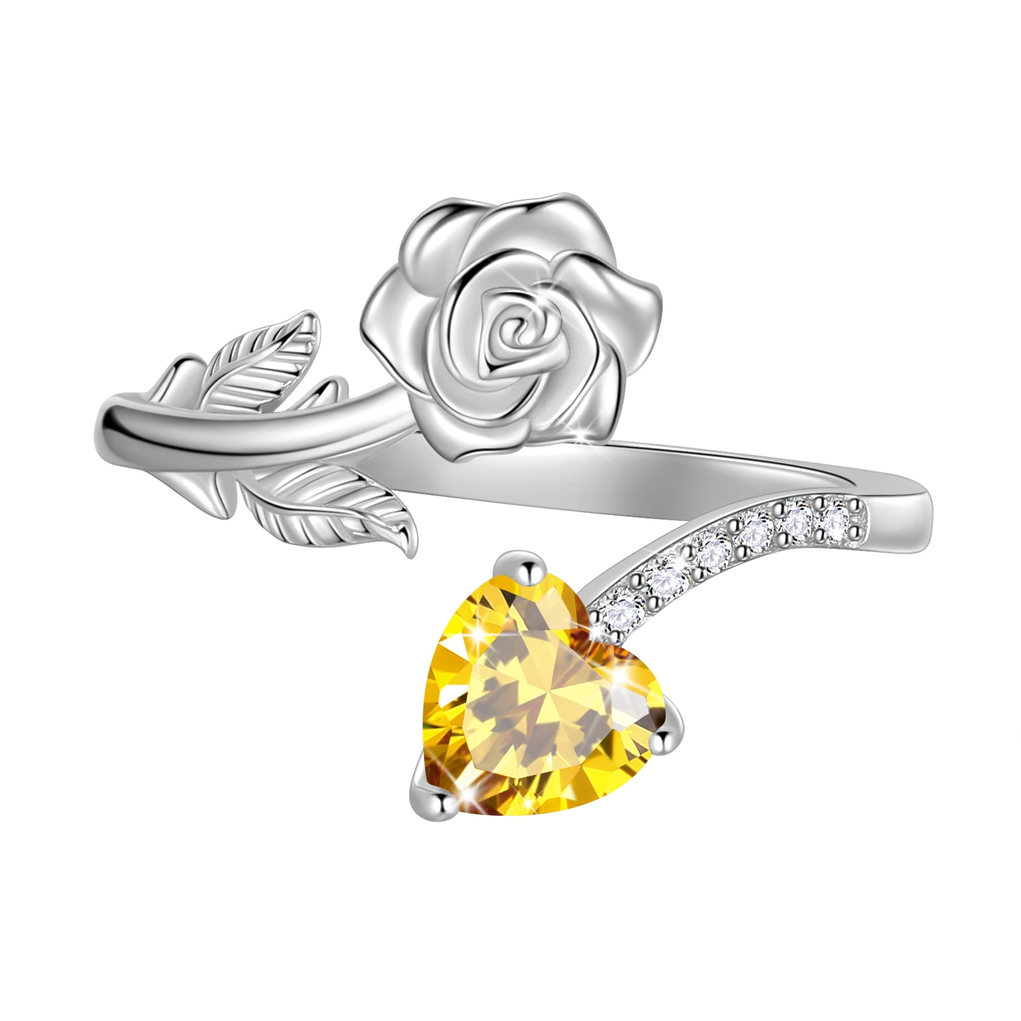 Rose Heart Ring,925 Sterling Adjustable Open Heart Rings Jewelry Gifts for Women Mom -December