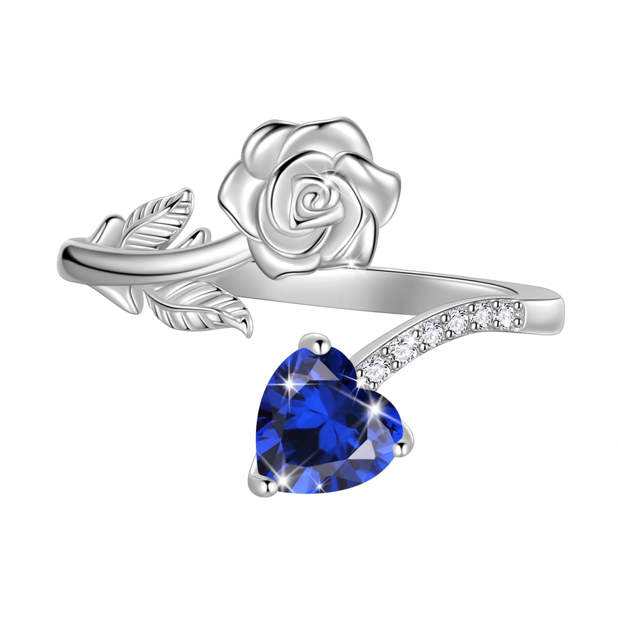 Rose Heart Ring,925 Sterling Adjustable Open Heart Rings Jewelry Gifts for Women Mom -December