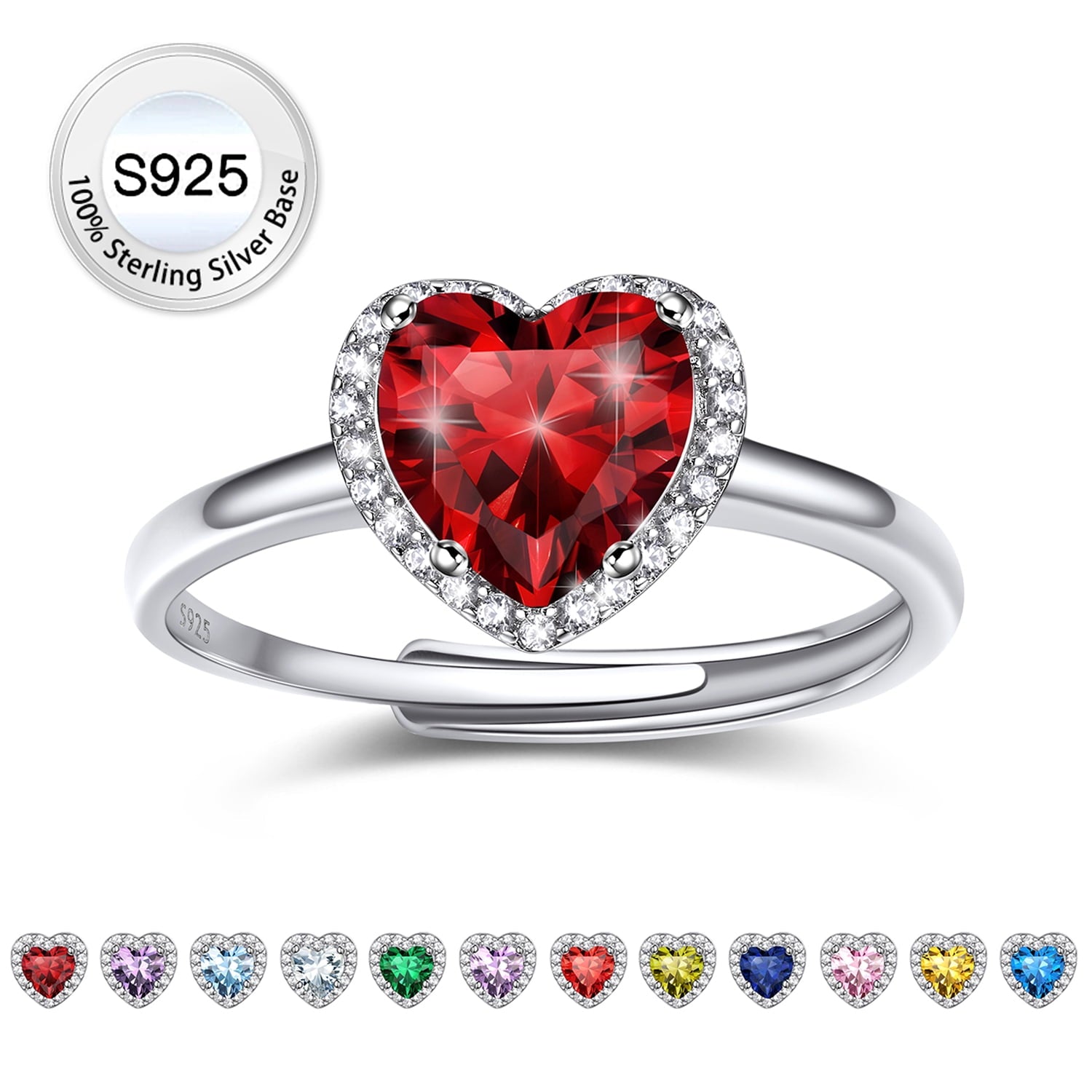 S925 Sterling Heart Rings for Women Sparkle Open Band Ring July Created Ruby Rings Size 6-12