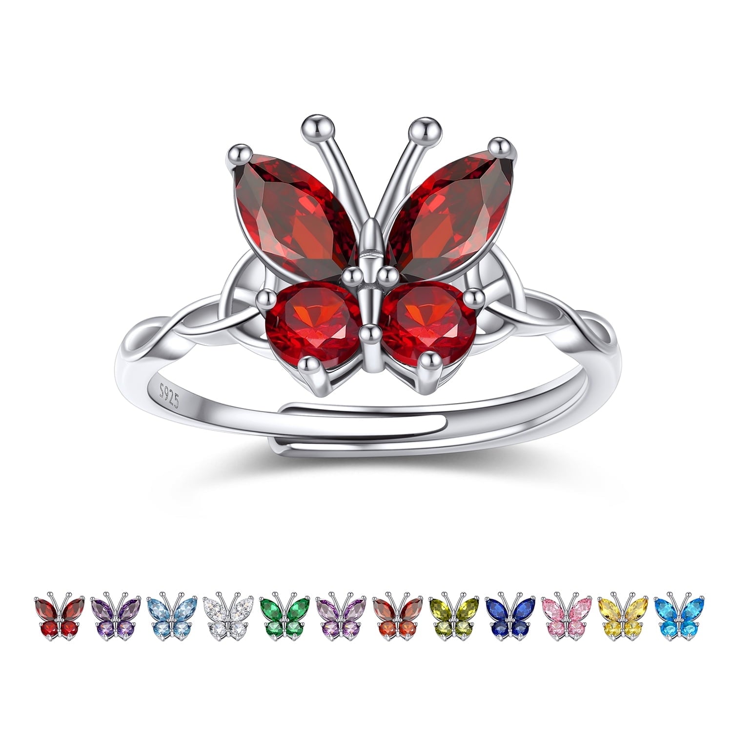 925 Sterling Butterfly Rings, July Ruby Adjustable Open Band Ring Jewelry Valentines Day