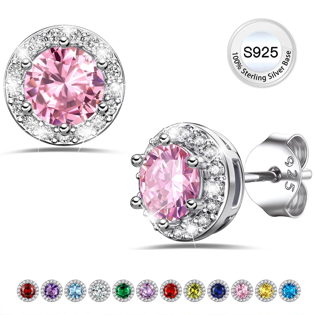 S925 Sterling Earrings Created Pink Tourmaline Stud Earrings October Round Jewelry Gifts for Valentines Day