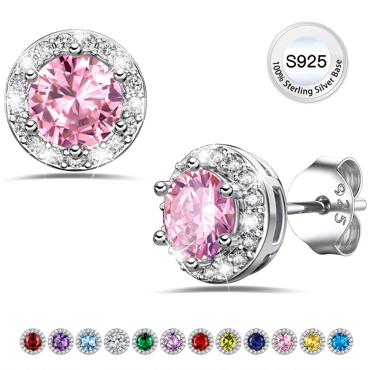 S925 Sterling Earrings Created Pink Tourmaline Stud Earrings October Round Jewelry Gifts for Valentines Day
