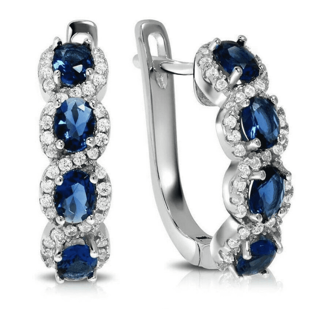 Blue &amp; White Sapphire Halo Earrings in 14k White Plated