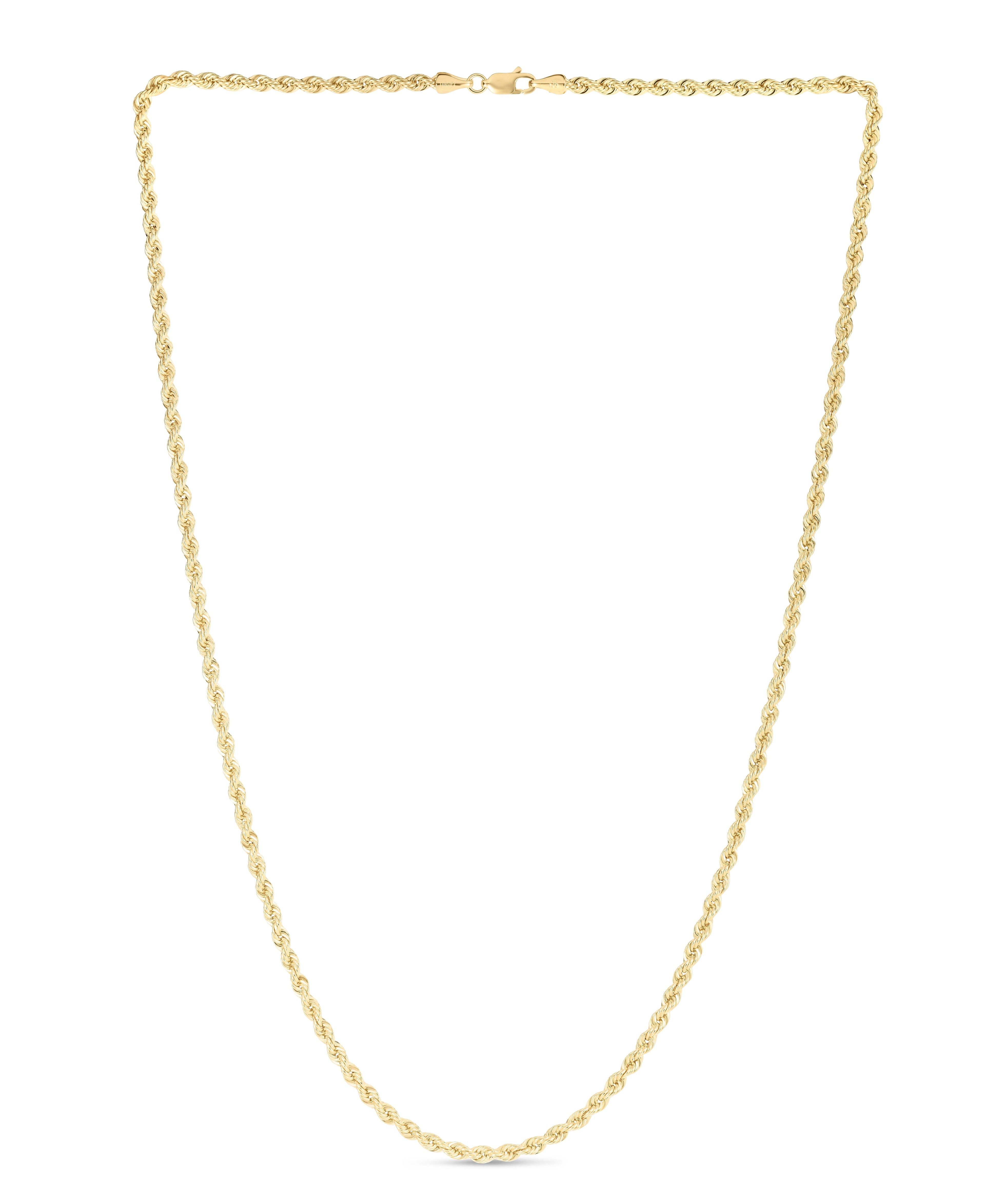 14K Yellow 22" High Polish Rope Chain Necklace with Lobster Claw Clasp, 3.3mm