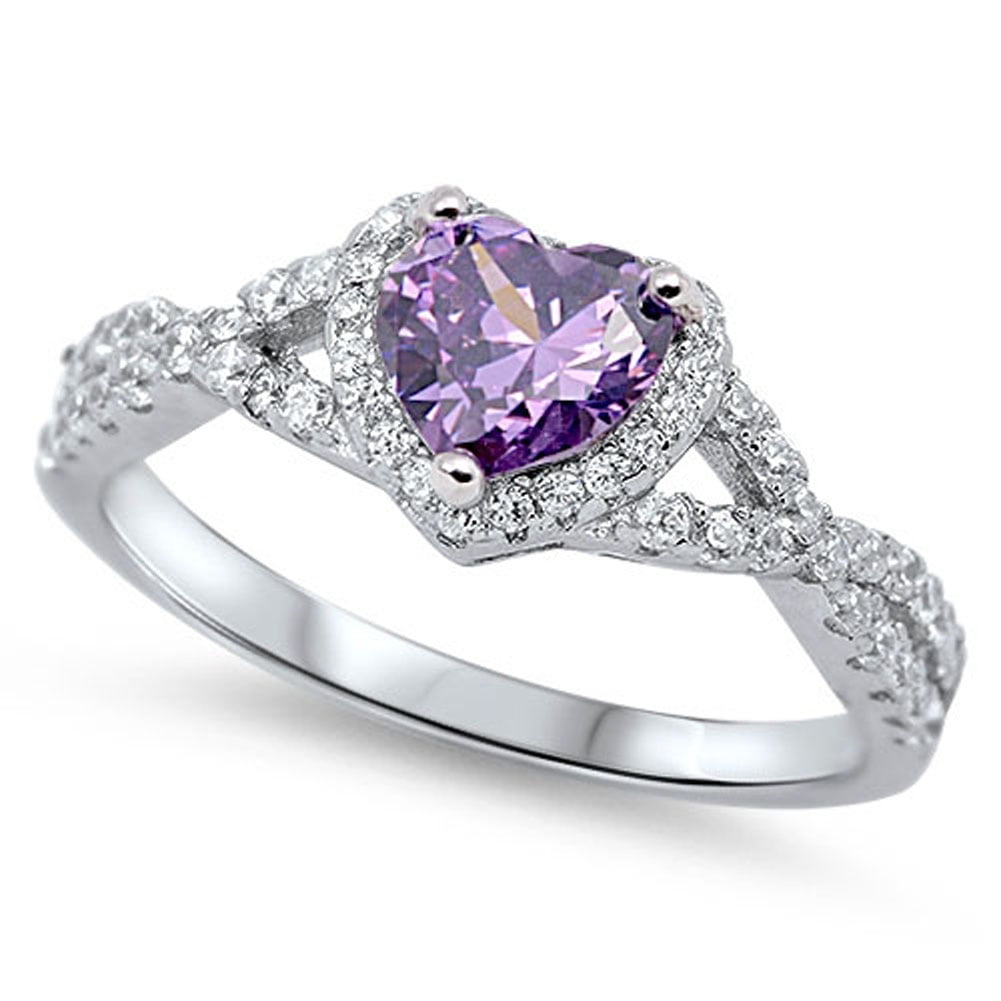 Heart Purple Simulated Amethyst Halo Infinity Knot Sterling Ring CZ Female Size 7
