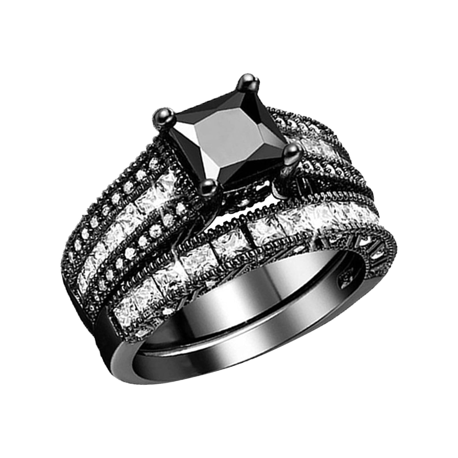 Women Ring Black Zircon Ring Ladies Jewelry Engaged Ring (Black,9)