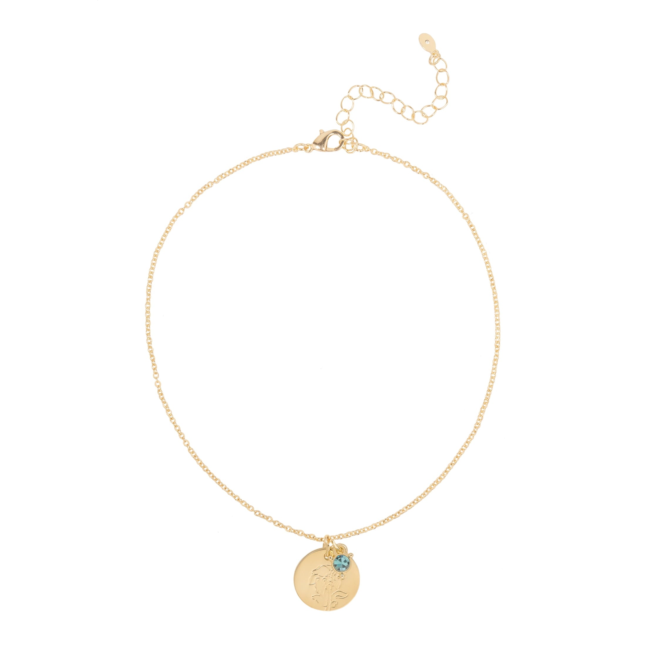 Women’s March Necklace, Tone Chain with Light Azure Stone &amp; Daffodil Flower
