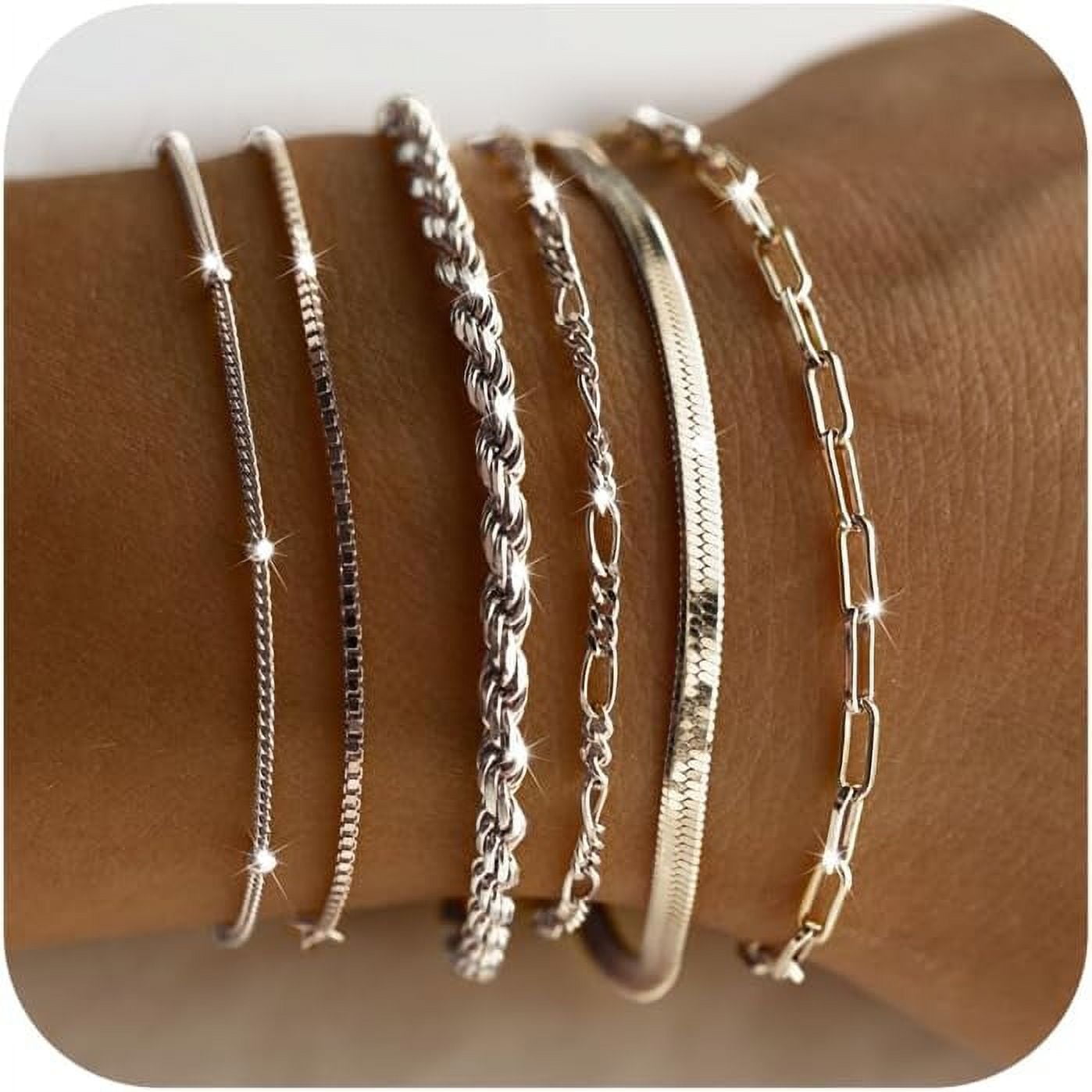 Dainty Bracelets for Women , 925 Sterling Jewelry Set for Women Bracelets for Women Paperclip Box Herringbone Figaro Rope Chain Bracelet Pack Gifts for Women Girls