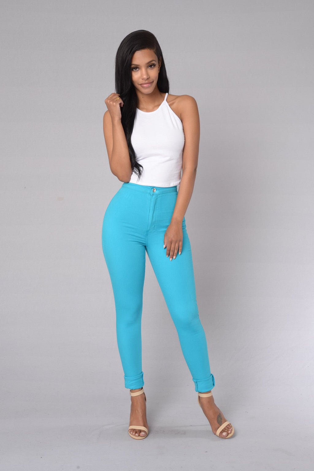 Super High Waist Denim Skinnies - Turquoise
