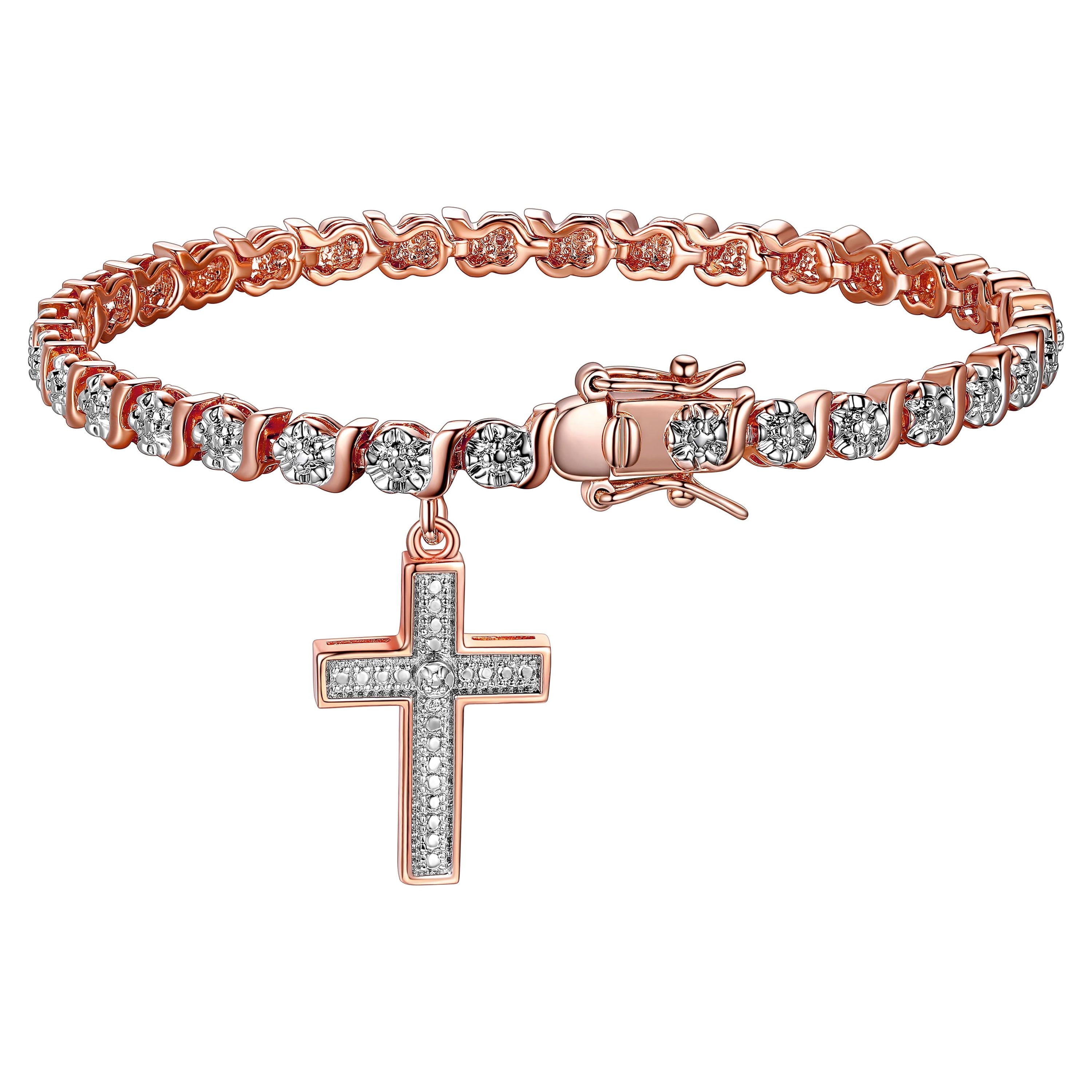 18K Yellow Plated Diamond Accent Cross Charm Tennis Bracelet, 7.25"