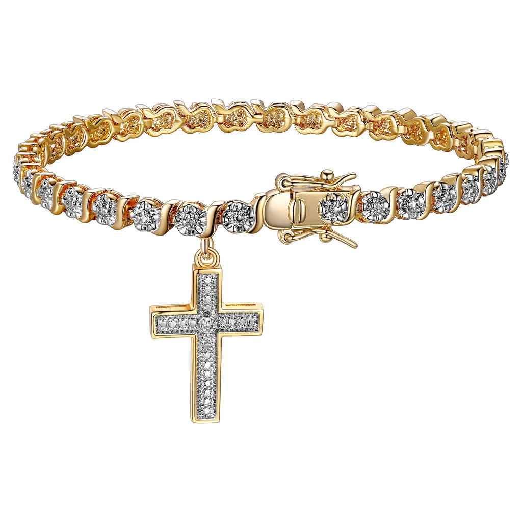 18K Yellow Plated Diamond Accent Cross Charm Tennis Bracelet, 7.25"