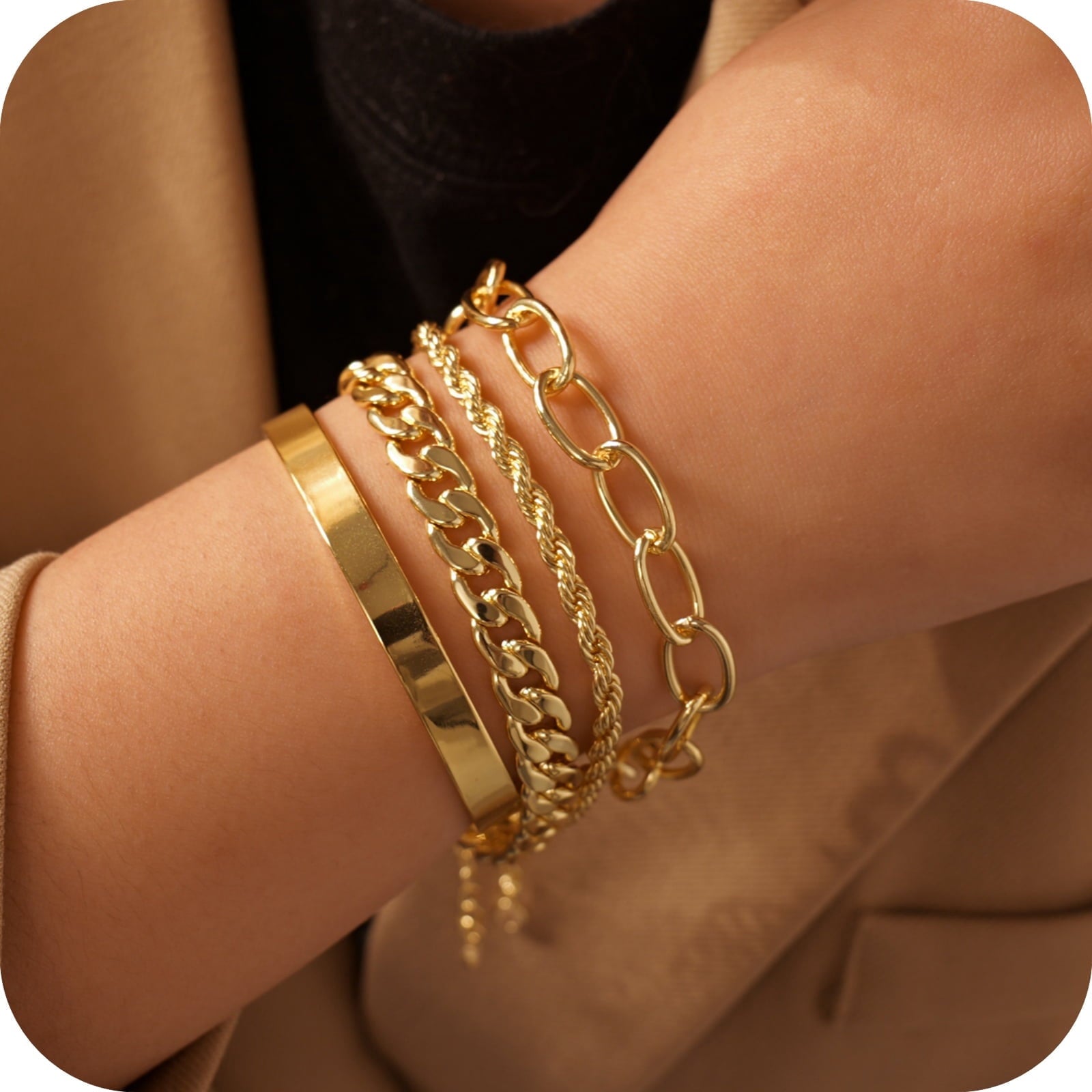 6PCS Bracelets for Women 14K Plated Dainty Layered Stacking Jewelry Set Gifts