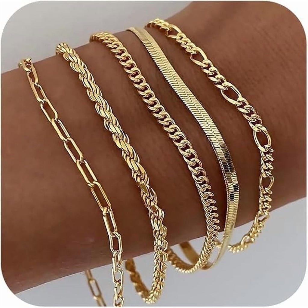 Bracelets for Women, 14K Plated Jewelry Sets for Women Thin Dainty Stackable Cuban Link Paperclip Chain Bracelet Pack Accessories Gifts