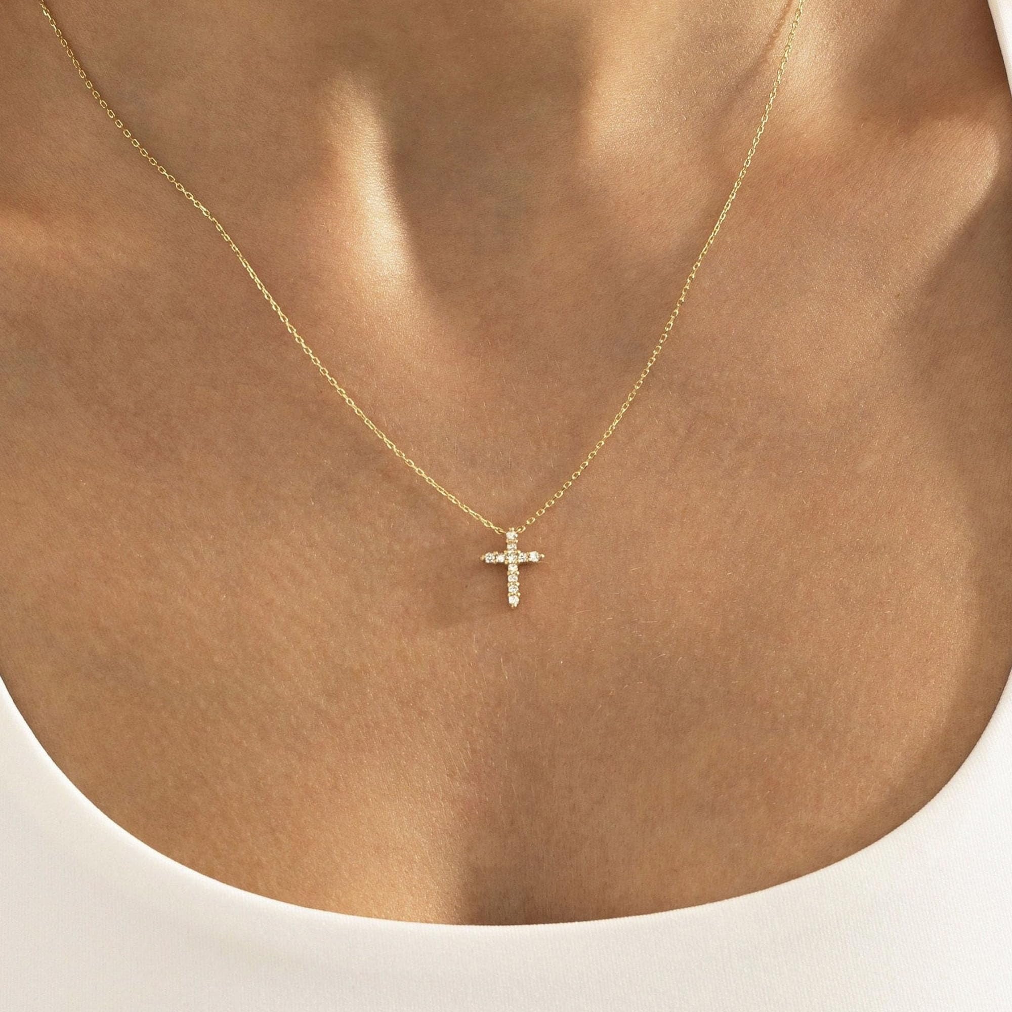 14K Plated Dainty Tiny Cross Pendant Necklace for Women Jewelry Personalizedt First Communion Christian Baptism Easter Gifts for Her Kid Girls