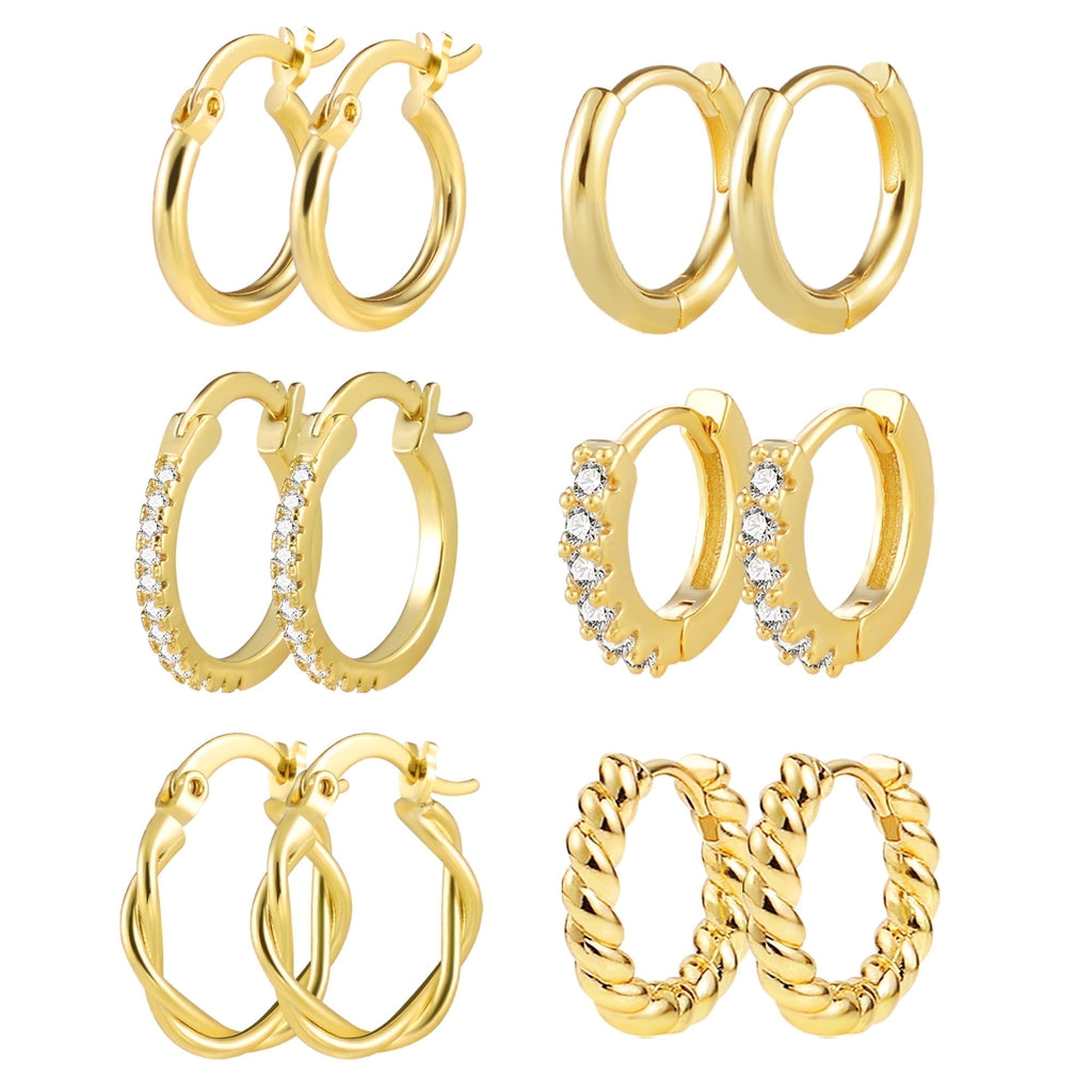 Plated Earrings for Women, 6 Pairs 14k Hoop Earrings, Hypoallergenic Chunky Jewelry Set Gifts