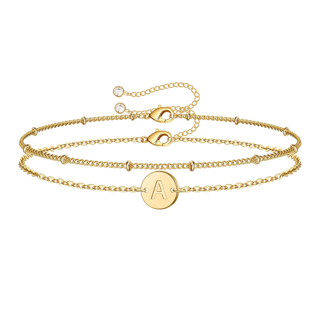 14K Plated Layered Initial Bracelets for Women Girls Dainty Adjustable Disc Charm Chain Personalized Letter A-Z Jewelry Easter Gifts for Women Girls