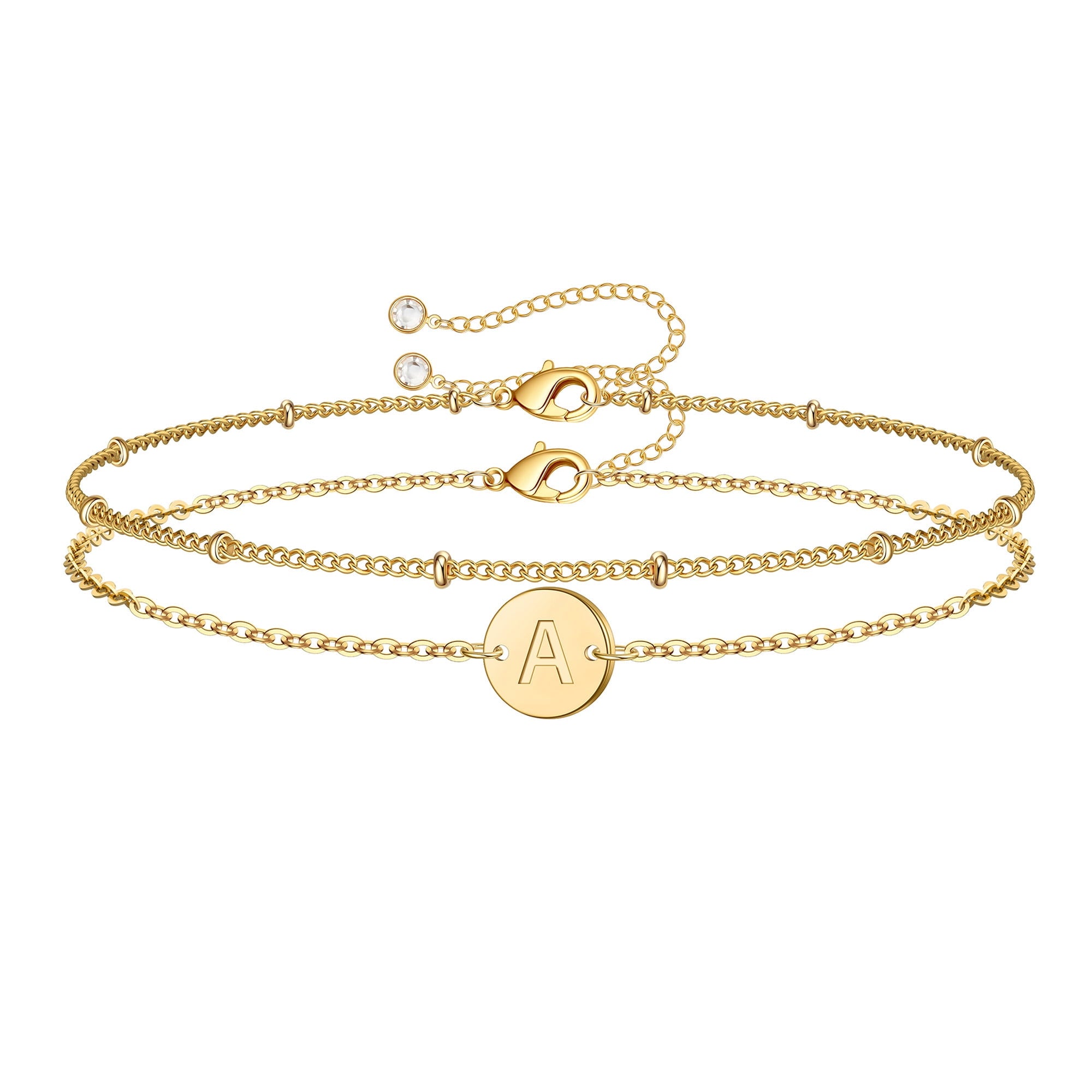 14K Plated Layered Initial Bracelets for Women Girls Dainty Adjustable Disc Charm Chain Personalized Letter A-Z Jewelry Easter Gifts for Women Girls
