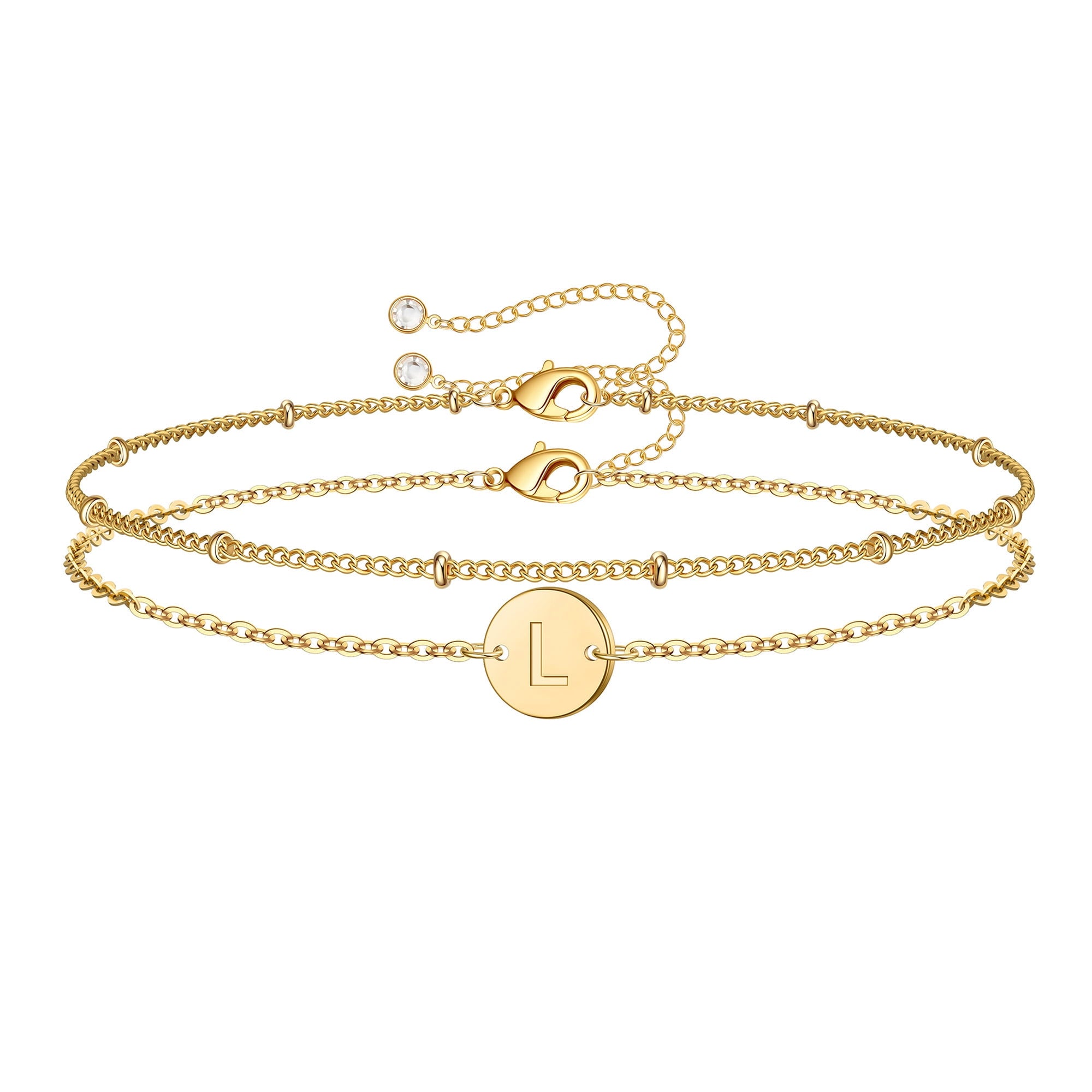 14K Plated Layered Initial Bracelets for Women Girls Dainty Adjustable Disc Charm Chain Personalized Letter A-Z Jewelry Easter Gifts for Women Girls